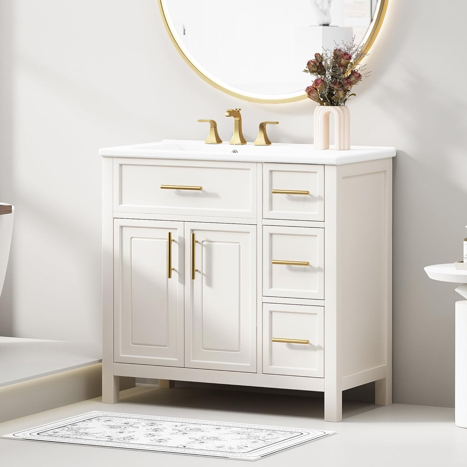 36" Bathroom Vanity with Left-Side Ceramic Sink, Cabinet with Two Doors and Three Drawers, Soft-Closing Door, Solid Wood Legs, White