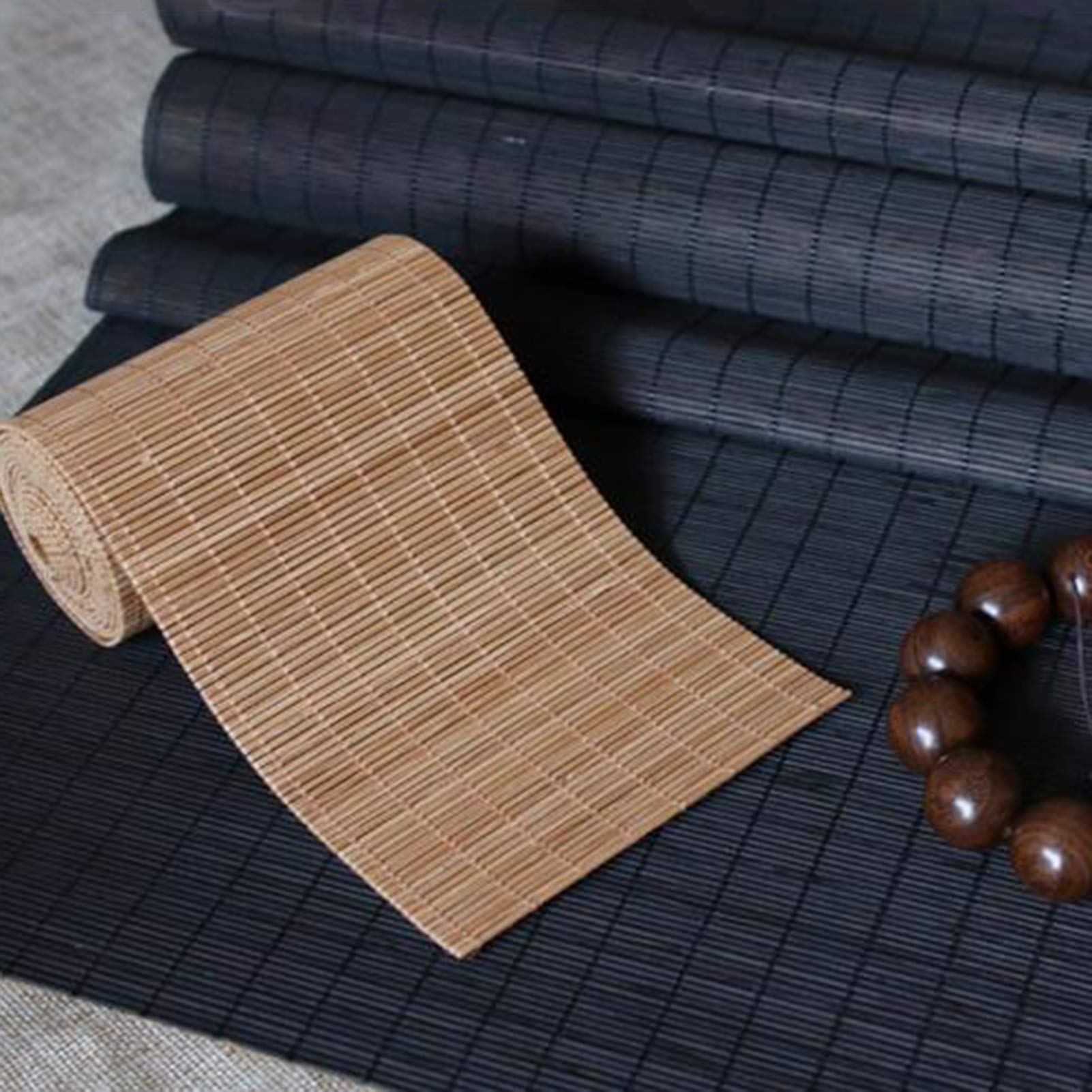 Bambus Tischläufer 2er Set, Japanische wasserdichte Teematte, Tischset Mit Küchenisolierung, rutschfeste Tischmatte Für Zu Hause (schwarz + Natürliche Farbe)(Size:30×240cm+10×240cm)