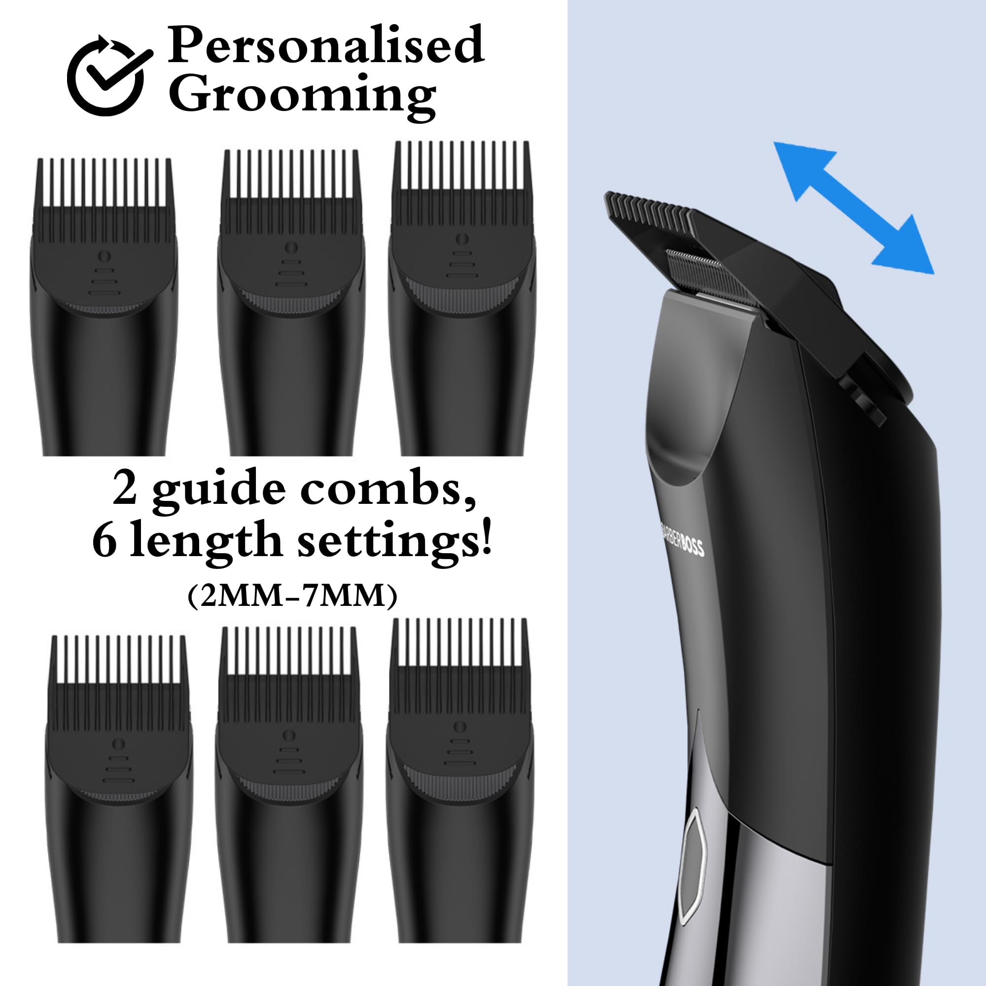 BarberBoss Regolabarba Uomo, Rasoio Elettrico Wet/Dry per Petto, Inguine e Intimo, Design Impermeabile con Doppia Velocità, Blocco da Viaggio e Base di Ricarica