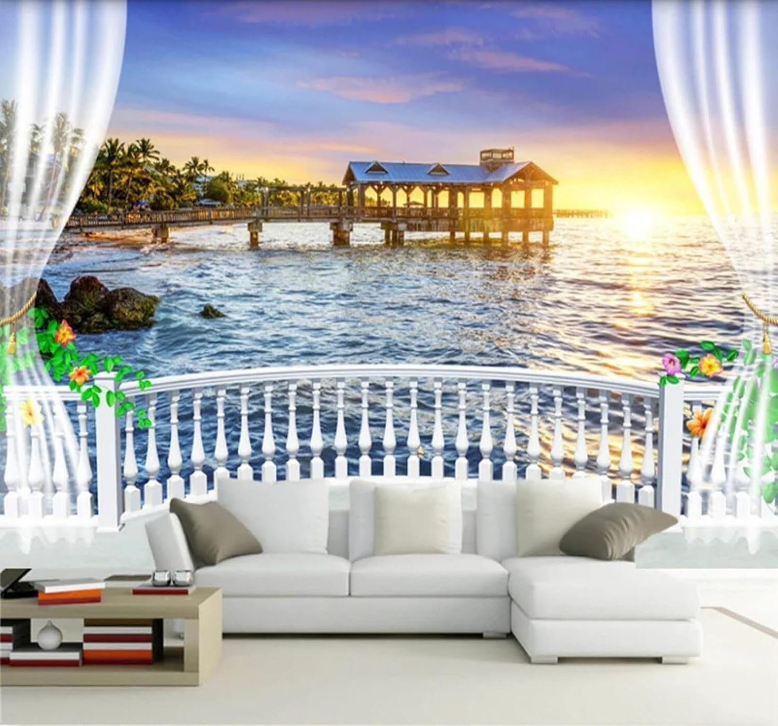 XLMING Balcony Beautiful Sea View Sunrise Natural Scenery 3D Wallpaper Luxury Home Dining Decor Paste Sofa Living Room The Wall for Bedroom Mural-300cm×210cm