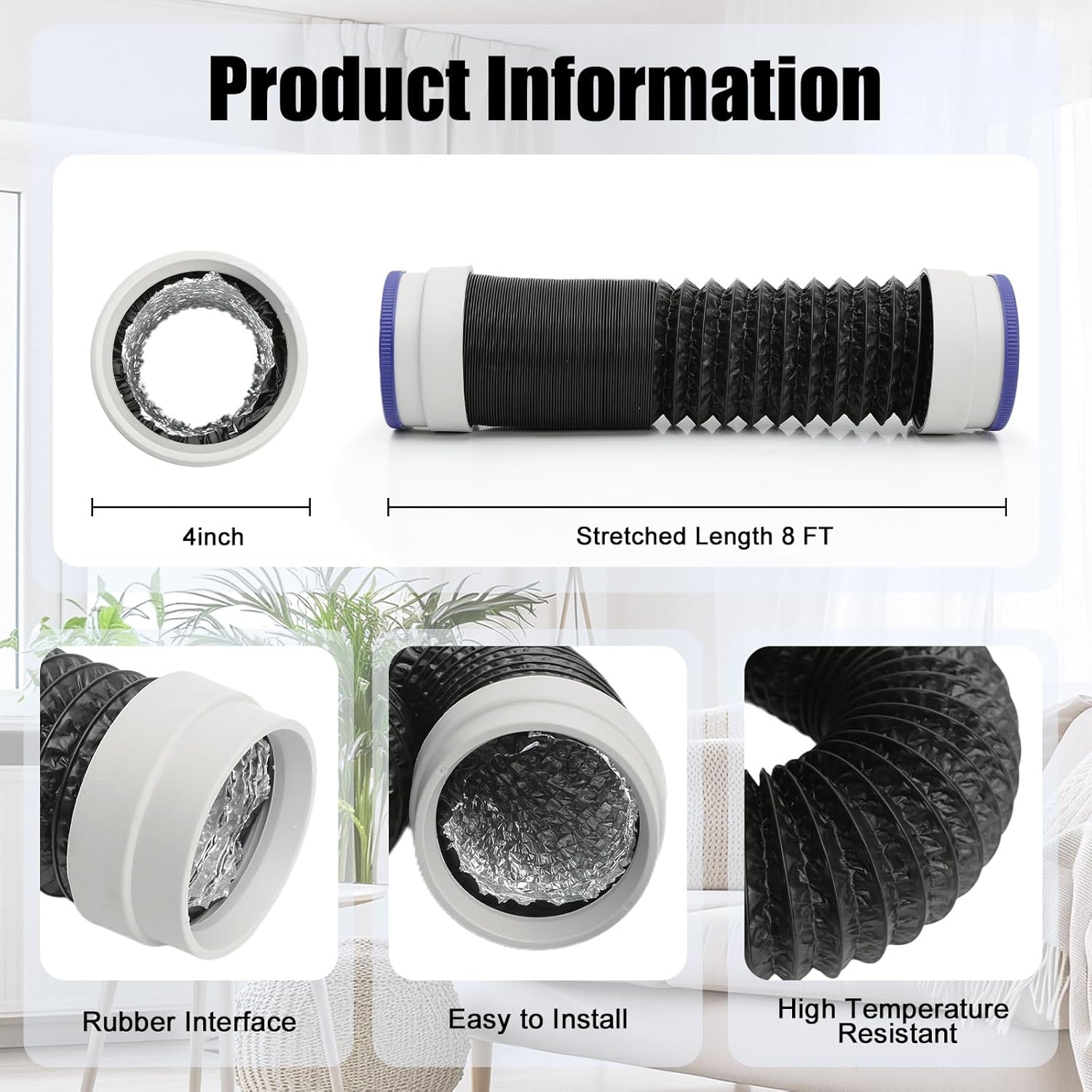 Dryer Vent Hose, 4 Inch Rubber Seal Connectors with 8 Feet Flexible Dryer Vent Exhaust Duct Hose for Tight Space, Extra Thick 6-Layer Heavy Aluminum Foil Ducting Kit with 2 Key Clamps
