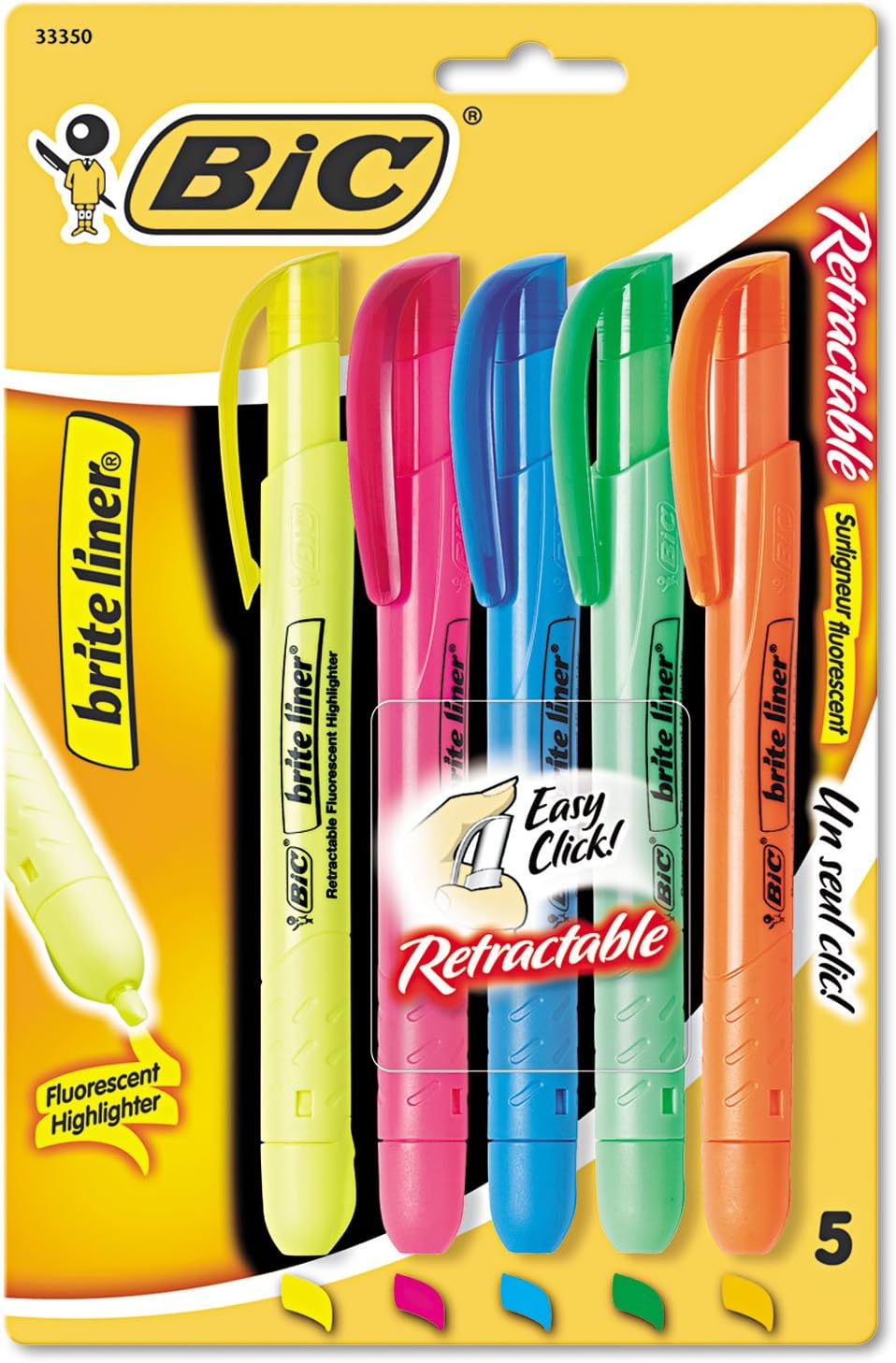 BICBLRP51ASST Brite Liner Retractable Highlighter, Chisel Tip, Assorted Colors, 5/Set