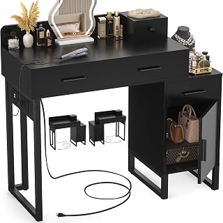 Besiost Black Makeup Vanity Desk with 4 Drawers, Charging Station & Reversible Cabinet - Organized Storage for Women & Girls