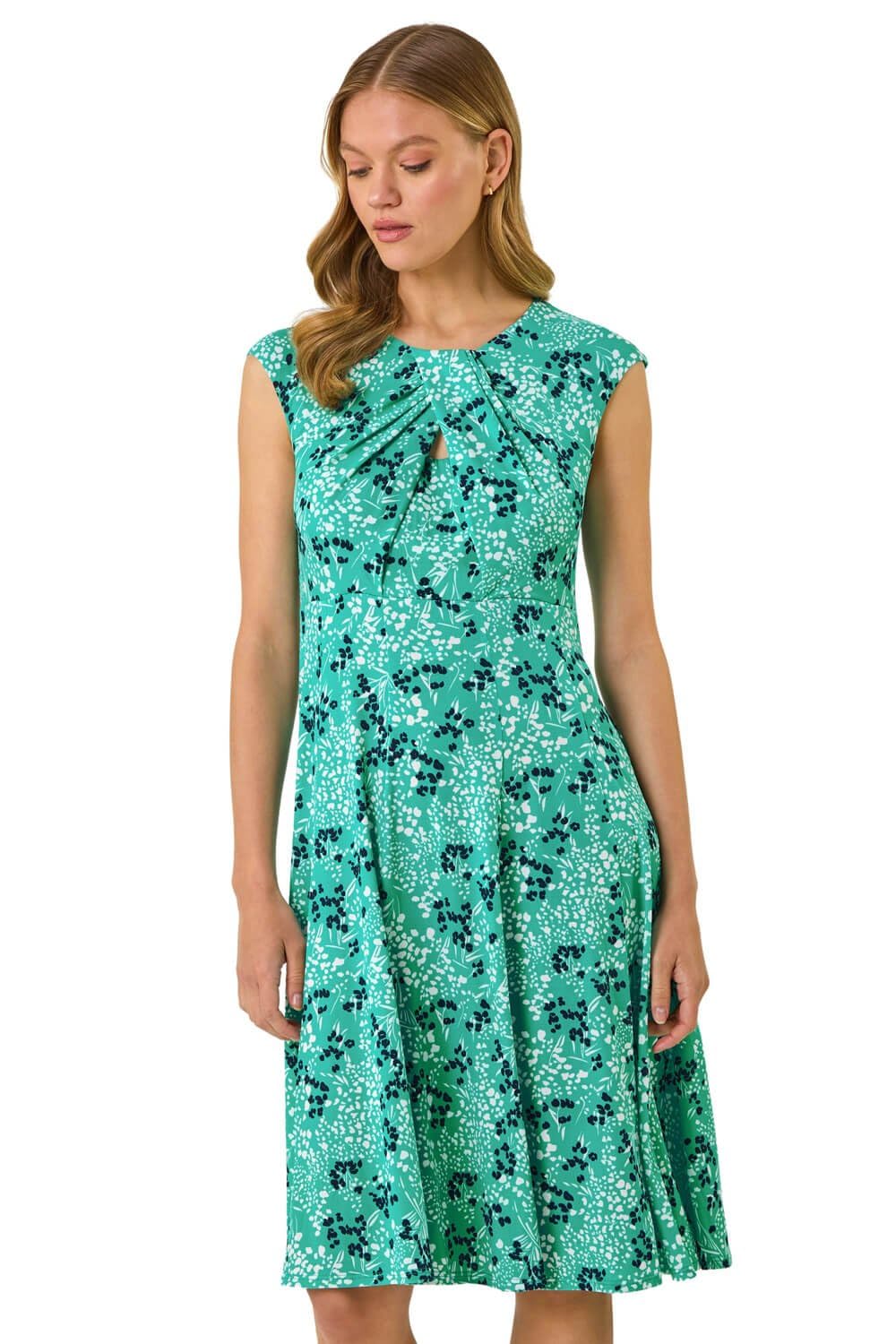Roman Originals Ditsy Floral Keyhole Twist Dress for Women UK - Ladies Everyday Holiday Spring Summer Round Neckline Comfy Soft Evening Vacation Work Party - Aqua - Size 20