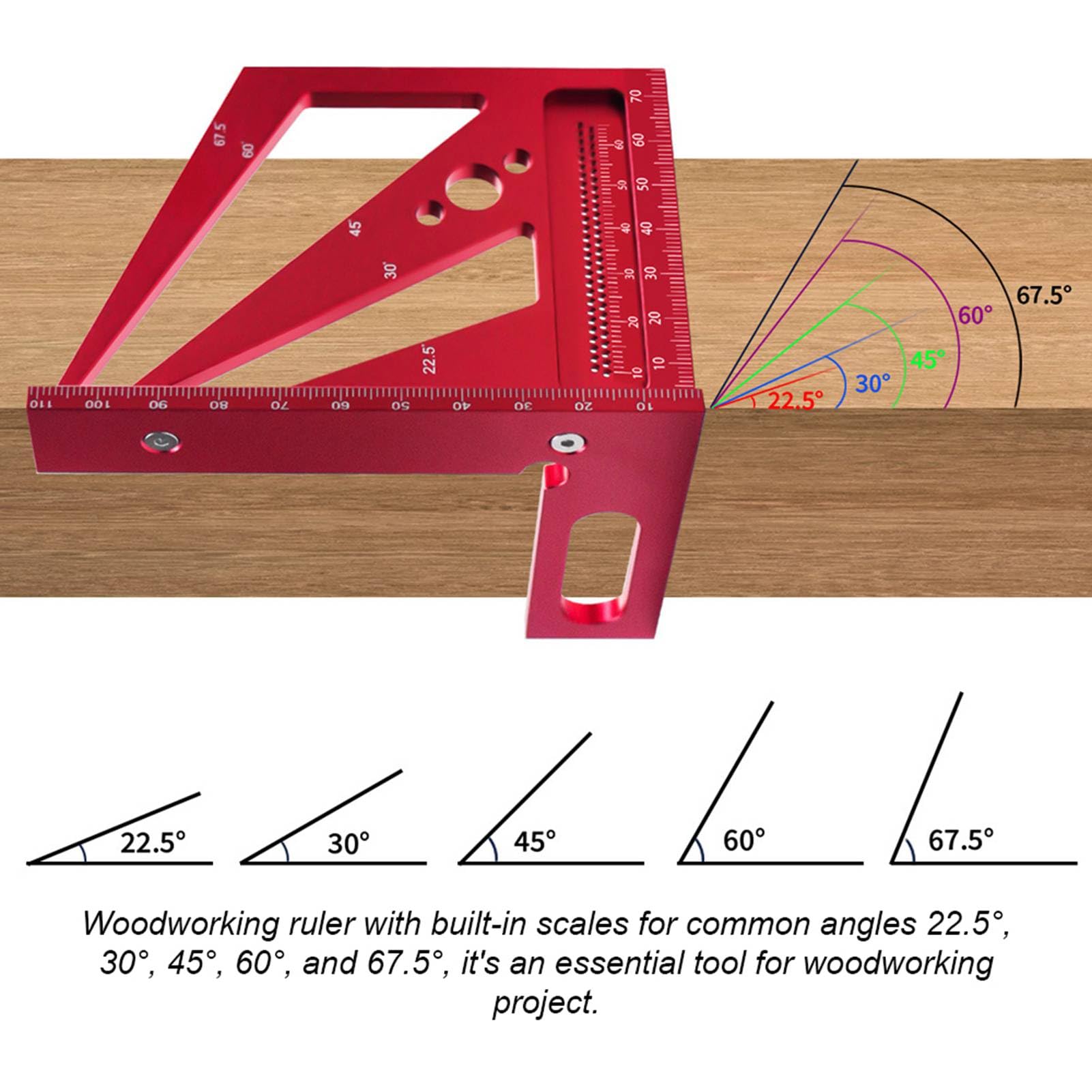 Uadme 3D Multi-Angle Measuring Ruler, Aluminum Alloy Carpenter Square with 22.5° to 90° Preset Angles - Image 2