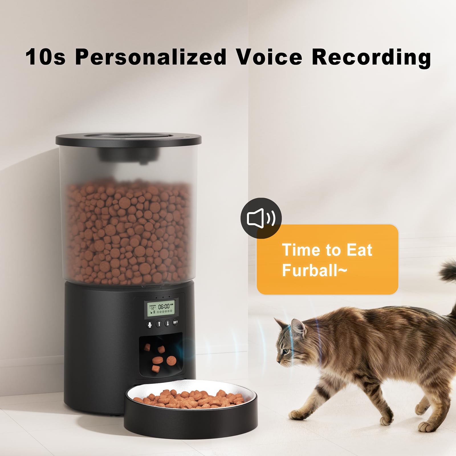 Automatic Cat Feeder 4.2L,6 Meals/Day,Dual Power Portion Control Feeder,Dry Pet Food Auto Dispenser,Timer Setting,10S Voice Record (Transparent Black, Stainless Steel Bowl) - image 5