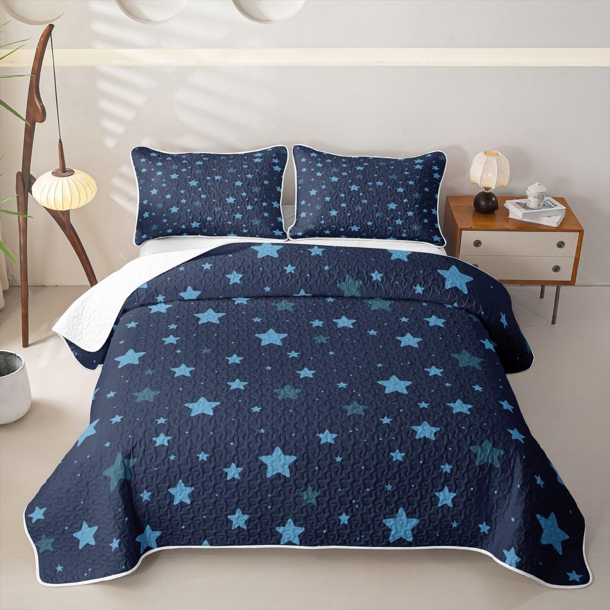Colorful Stars Printed Quilt Set Full Neon Light Star Galaxy Quilted Bedding Blue Purple Ombre Bedspread Coverlet For Kids Boys Girls,Aesthetic Starry Sky Quilt Comforter Lightweight Quilted Blanket