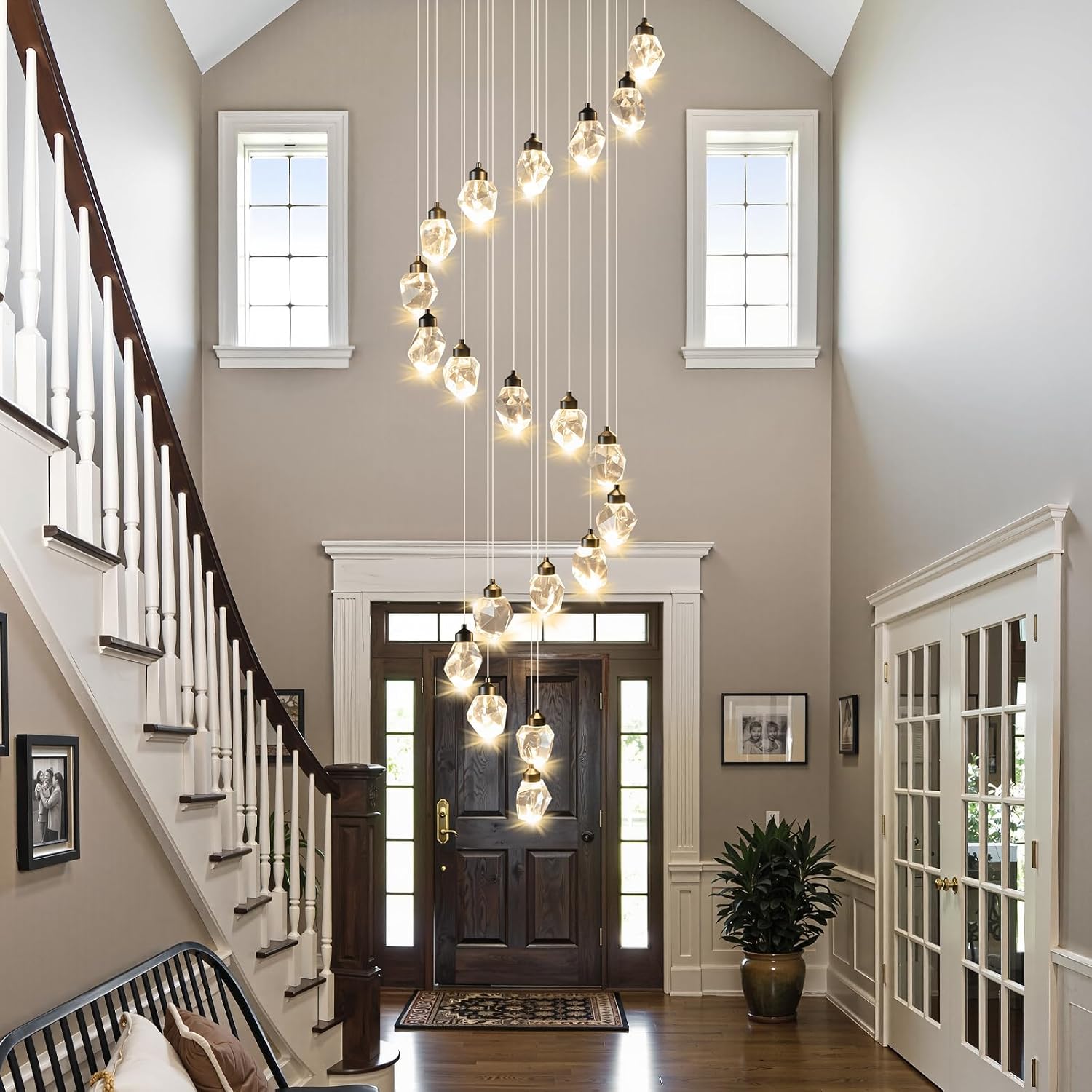 Crystal LED High Ceiling Chandelier: Remote Dimmable Long Pendant Light Fixtures - Spiral Drop Flush Mount Sloped Ceilings Modern Chandeliers For Entryway Living Room Foyer Staircase Stairs 20 Lights