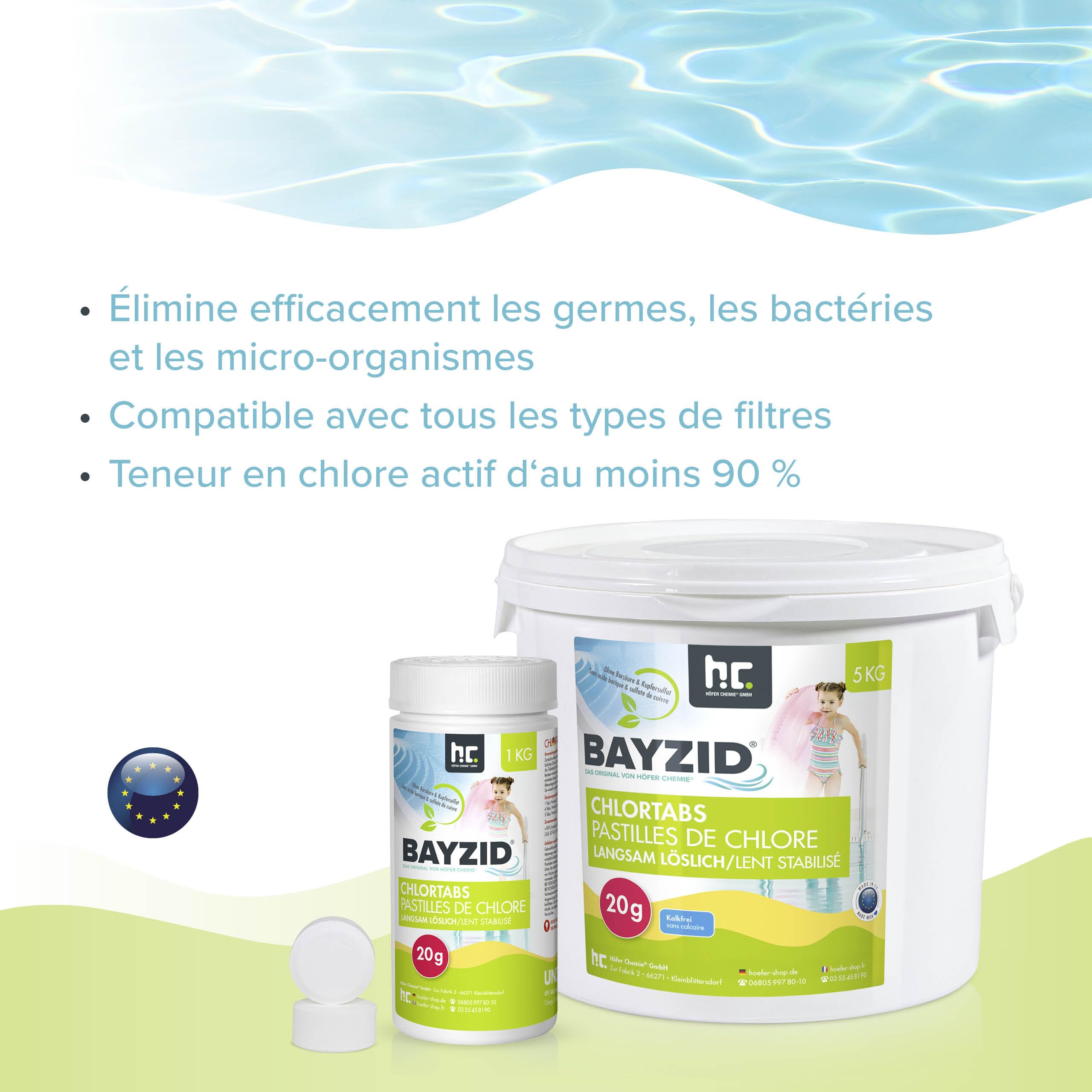 Höfer Chemie 1 x 5 kg Pastilles de Chlore Lent (20 g) pour Piscine - Hautement Efficace Contre Les Bactéries