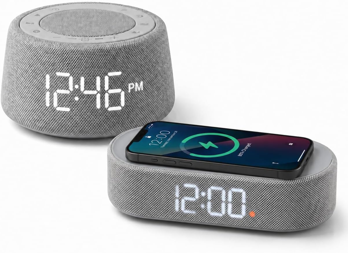 Wireless Digital Alarm Clock & White Noise Sound Machine Fabric Modern Home Decor