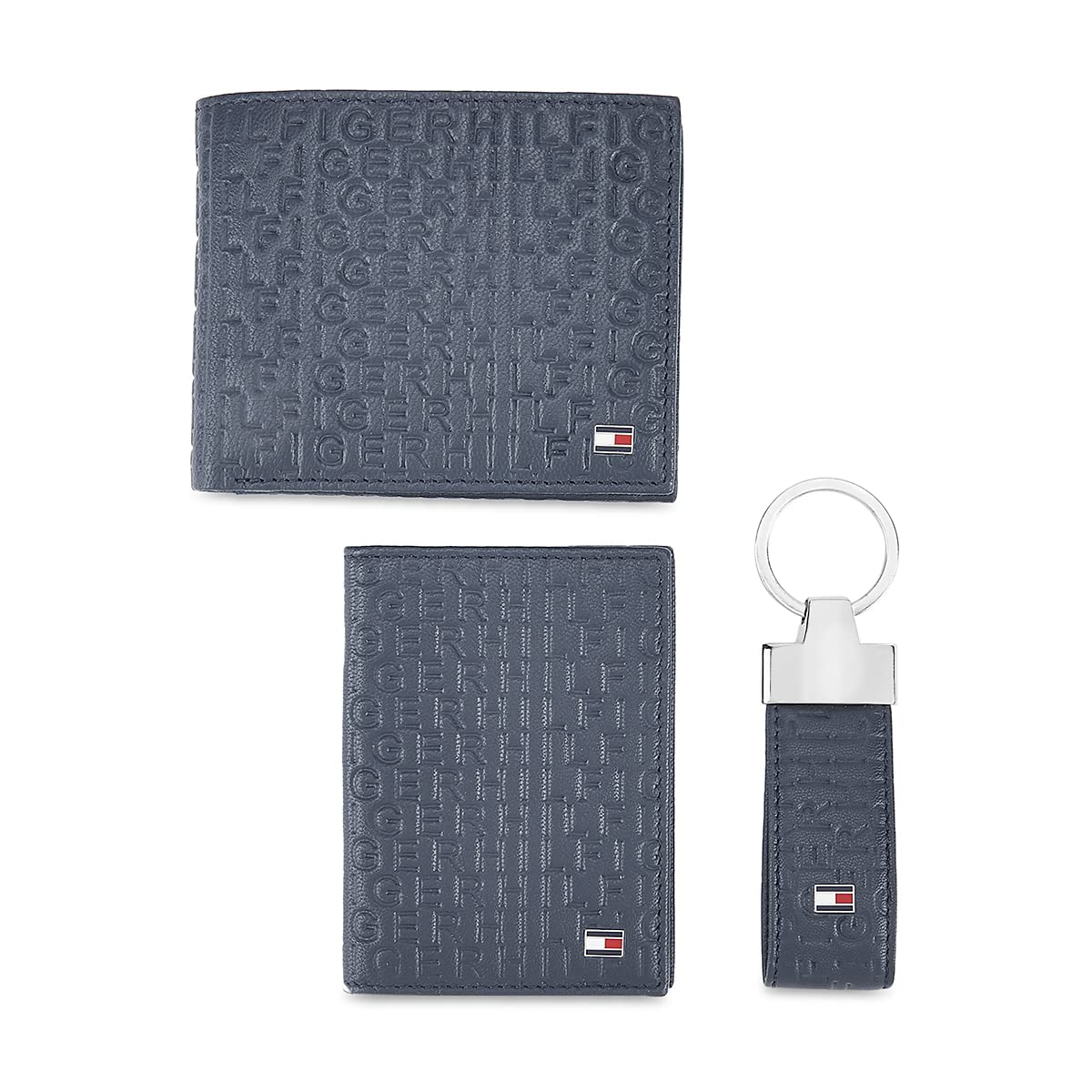 Men's Leather Global Coin Wallet and Card Holder and Key Fob with Hilfiger Embossing Across Everywhere Combo Set (TH/BRIAN/WALL/CC/KF/08) - Navy-image-36