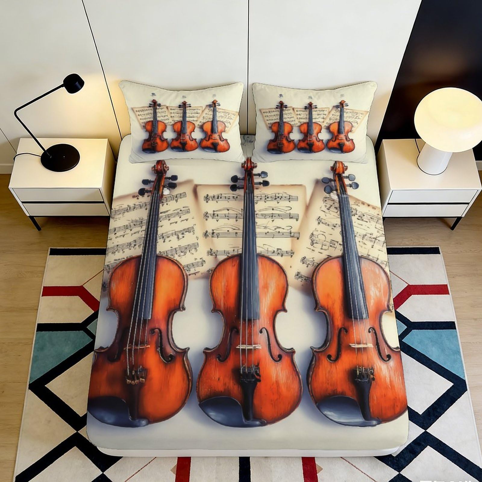 Pnayamiorkfel Style-2 3D Printed Violin Sheet Music Fitted Sheet Microfiber Soft Bedroom Decor Musical Instrument Mattress Cover 90X200x25cm