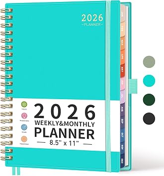 RETTACY 2026 Planner, Weekly and Monthly, Large Size 8.5" x 11", Jan - Dec 2026, Agenda, Calendar, 12 Month Tabs, Flexible Plastic Cover, 100 GSM Thick Paper, Spiral-bound Tiffani Blue