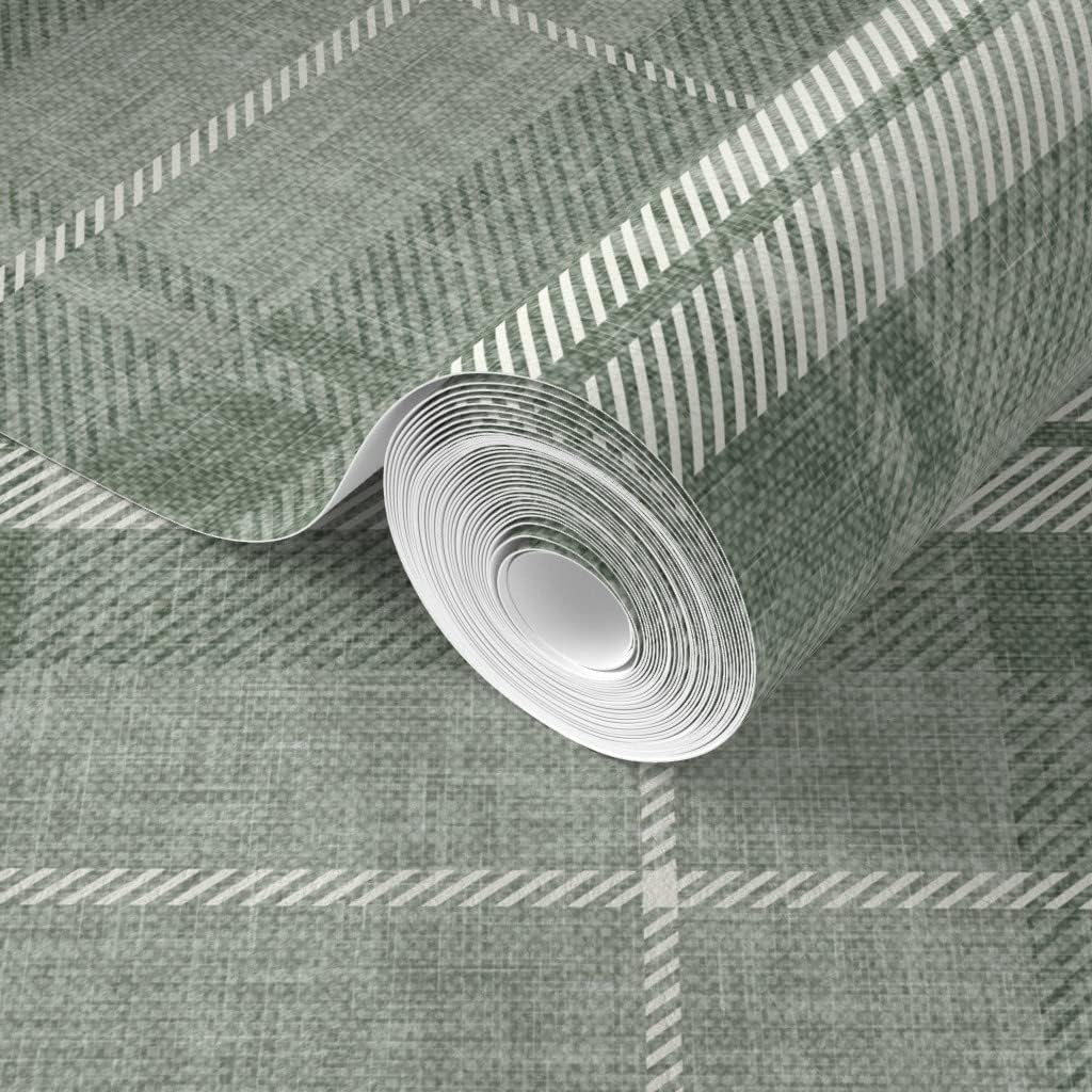 Spoonflower Commercial Grade Wallpaper Swatch - Sage Green Fall Plaid Distressed Check Tartan Autumn Neutral Traditional Wallpaper