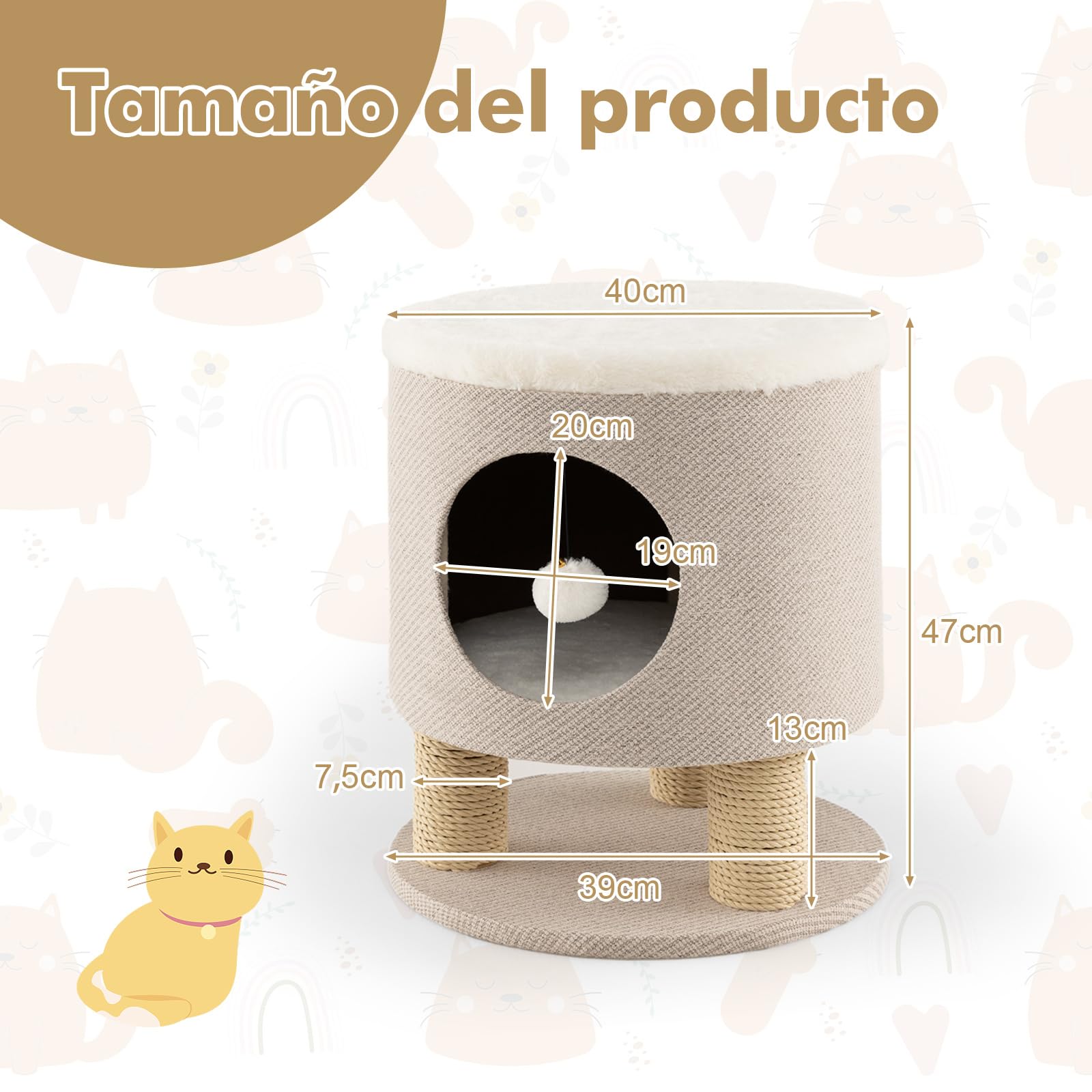COSTWAY Taburete para Gatos 3 en 1 con Condominio, Casa para Mascotas Otomana, Cueva para Gatos con Poste Rascador y Bola de Felpa, Cama Gato Cueva 40 x 40 x 47 cm (Beige)
