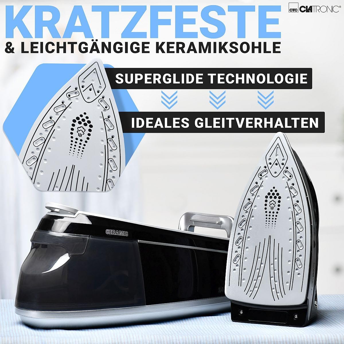 Clatronic® Dampfbügelstation mit Dampf Bügeleisen | 3,5 bar | mit Superglide-Sohle & 1,2L Wassertank | 80 min. Betriebsdauer | 2400W | Bügeleisen Dampf Anti-Tropf-System | DBS 3749 schwarz