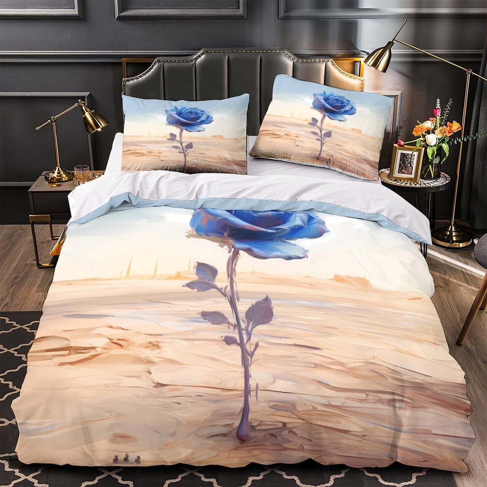 Housse de couette imprimé 3D rose bleue parure de lit super king 260x220cm