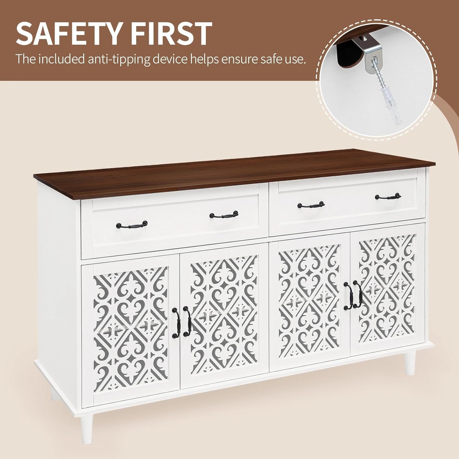 59-Inch Extra Wide Farmhouse Sideboard Buffet Cabinet 4 Heart Carving Doors 2 Drawers, Large Console Table Adjustable Shelves for Entryway, Living Room, Dining Room – White