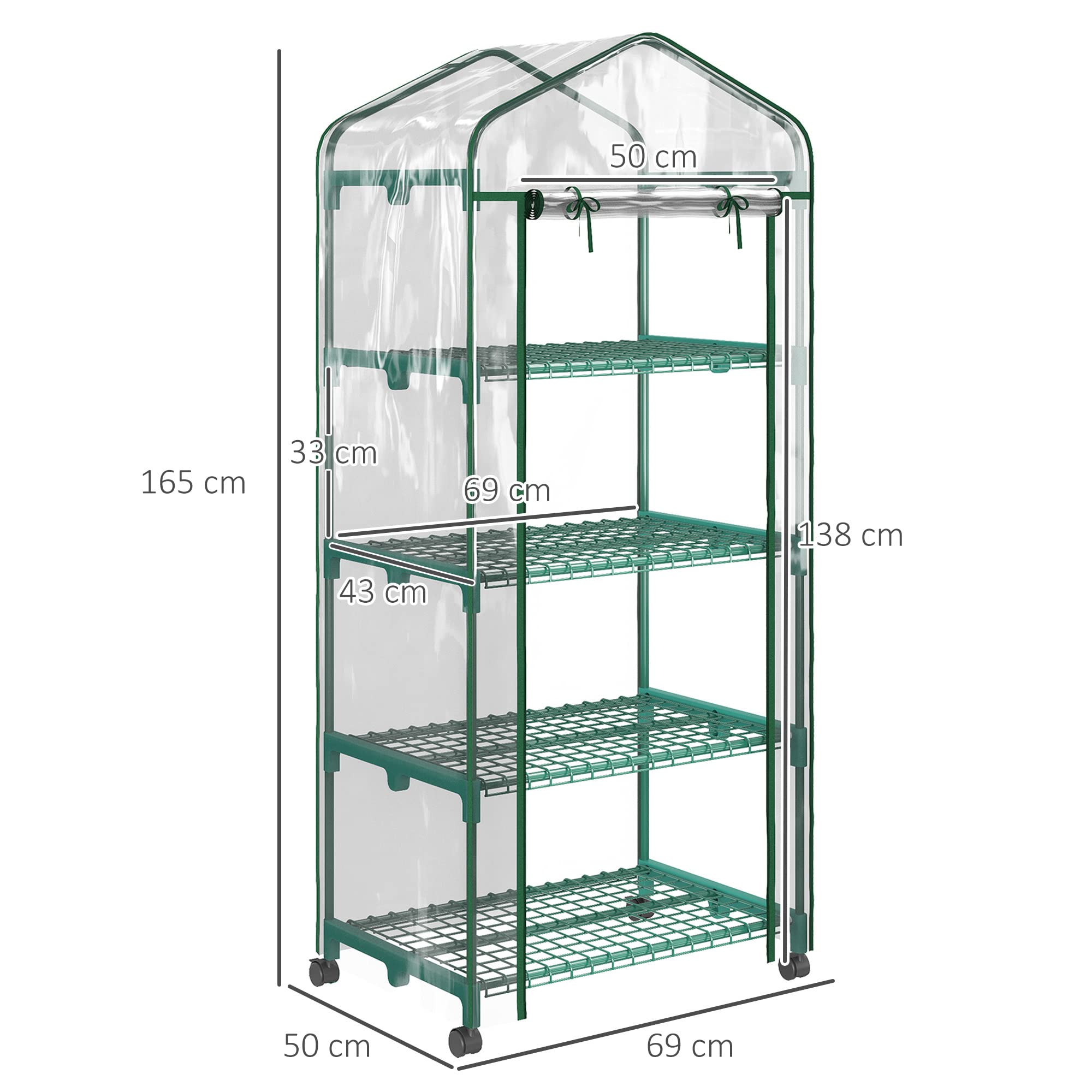 Outsunny Serra da Balcone a 4 Livelli con Porta Avvolgibile e 4 Rotelle, Serra per Orto con Struttura in Acciaio e Copertura PVC, per Orto Verdure Fiori Frutta, 69x50x165 cm, Trasparente