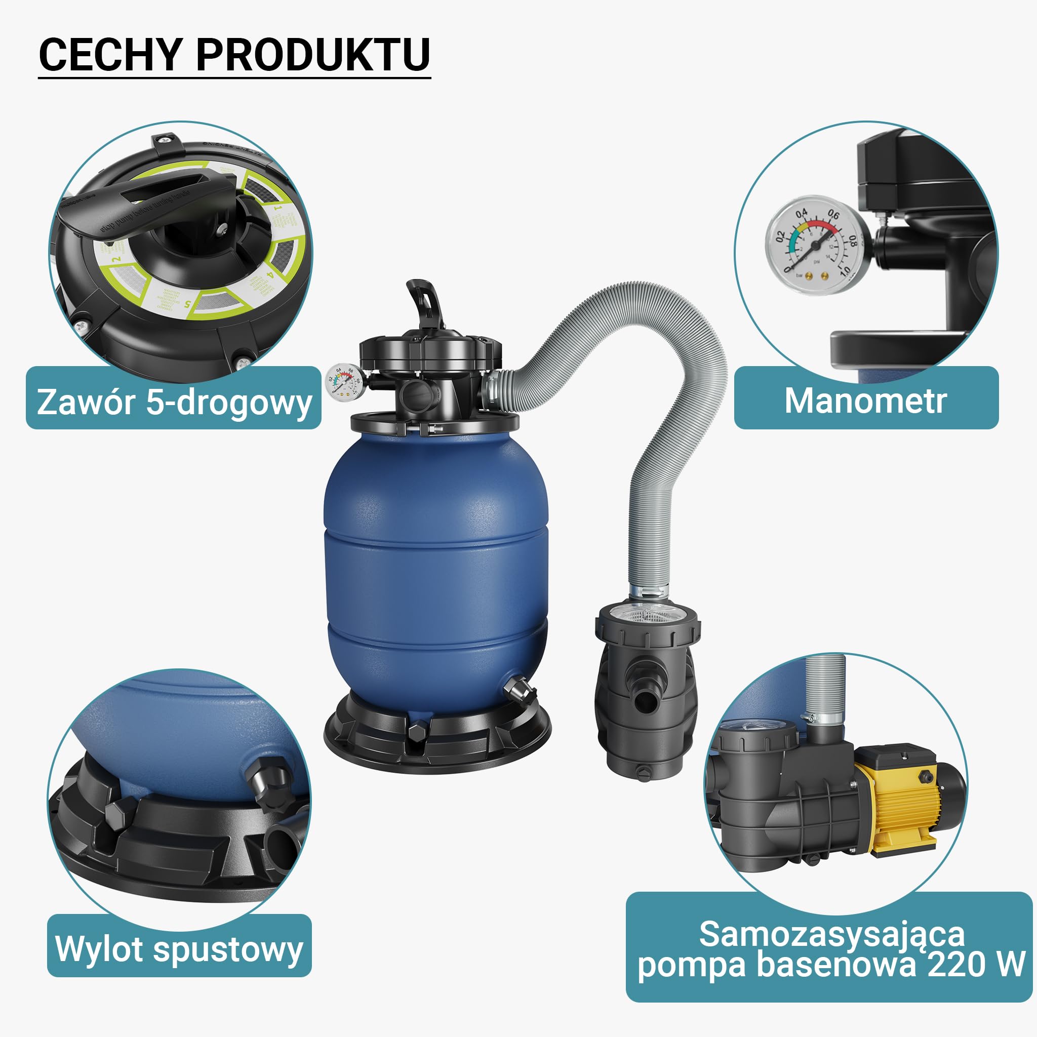 Wiltec Filtr piaskowy z pompą basenową HZS-200, profesjonalny system filtracyjny do basenów, samozasysająca pompa piaskowa do basenu o mocy 220 W