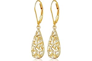 Filigree Teardrop Sterling Silver Dangle Leverback Earrings for Women