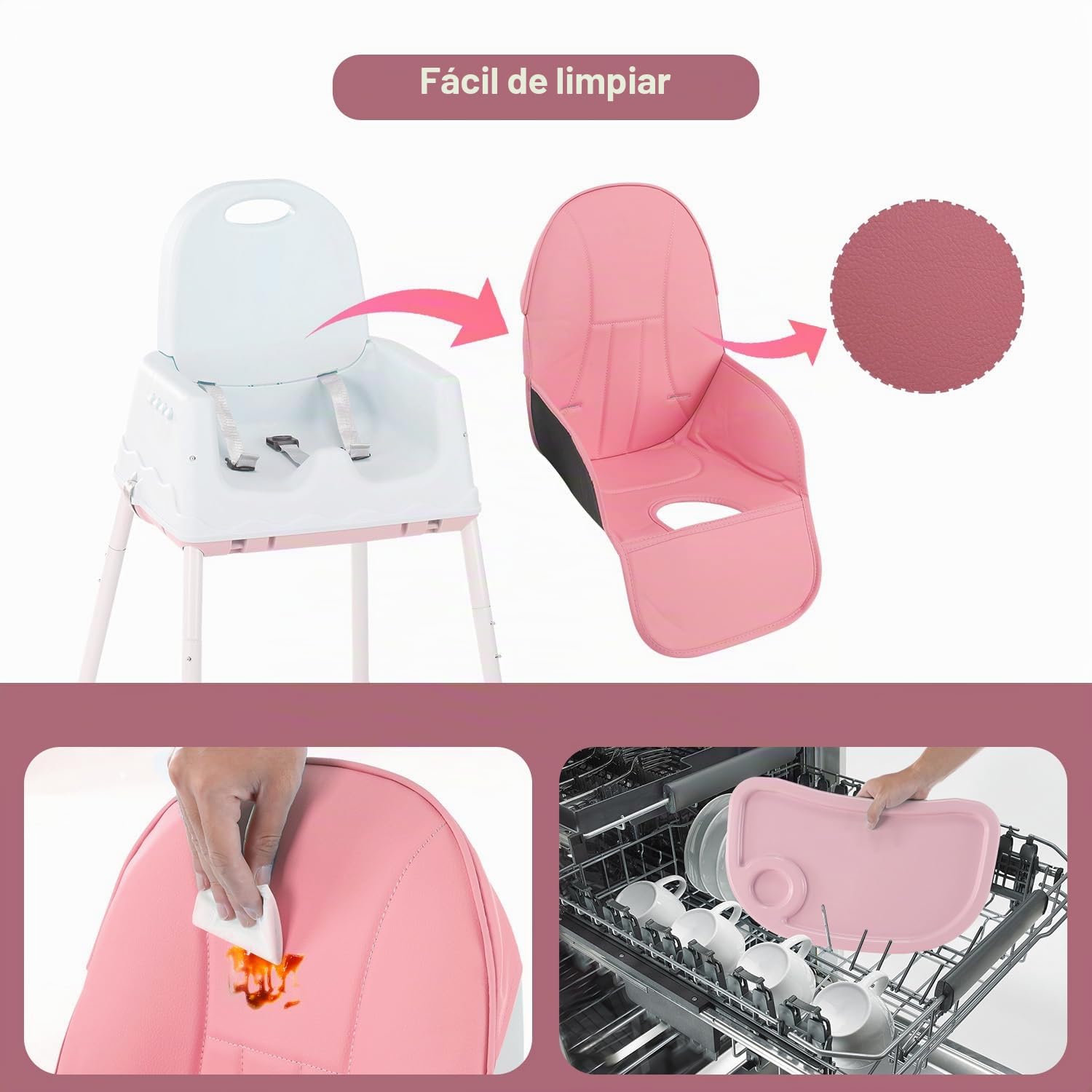 Trona ajustable 4 en 1, asiento de alimentación alto, silla de mesa para niños pequeños, trona con tabla de comedor y cinturón de seguridad de 3 puntos, rosa (rosa)