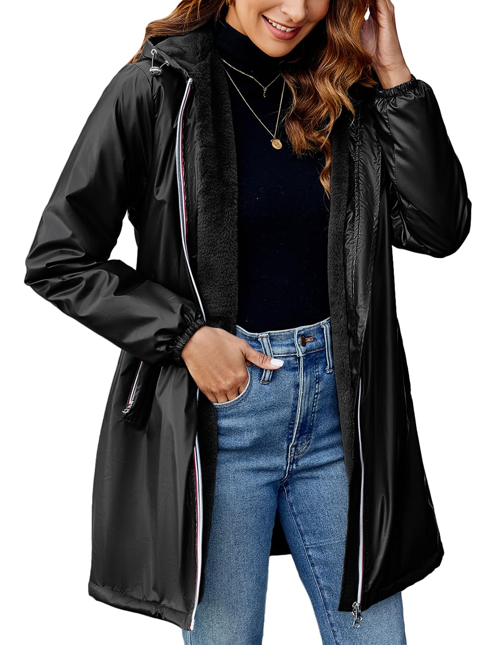 Geschallino Cappotto Leggero Lungo da Donna Foderato in Sherpa Capispalla Invernale Caldo con Cappuccio Giacca