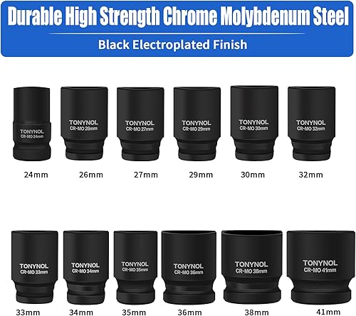 Vista 3 de Juego de dados de impacto profundo de 3/4 pulgadas, 6 puntos, métrico (0.945 in a 1.614 in), 12 piezas, Cr-Mo, juego de llaves de impacto
