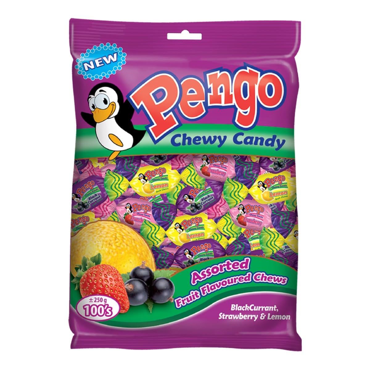 Pengo Chewy Candy 100-Pieces, Black Currant/Strawberry/Lemon
