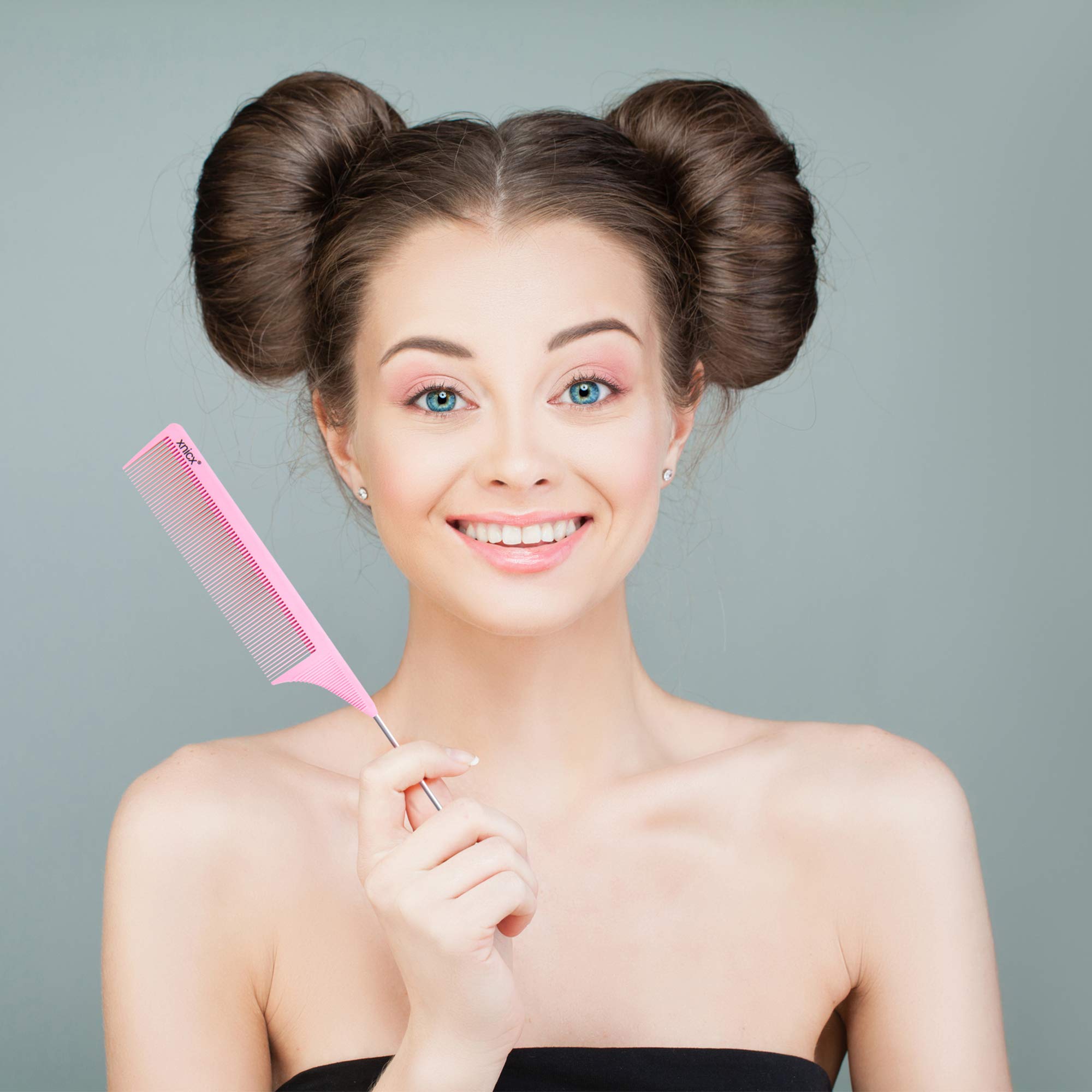 XNICX Pink Pintail Comb 100% Anti static 180℃ Heat Resistant Metal Pintail Comb Rattail Lift Comb with Non-skid Paddle for Hair Styling