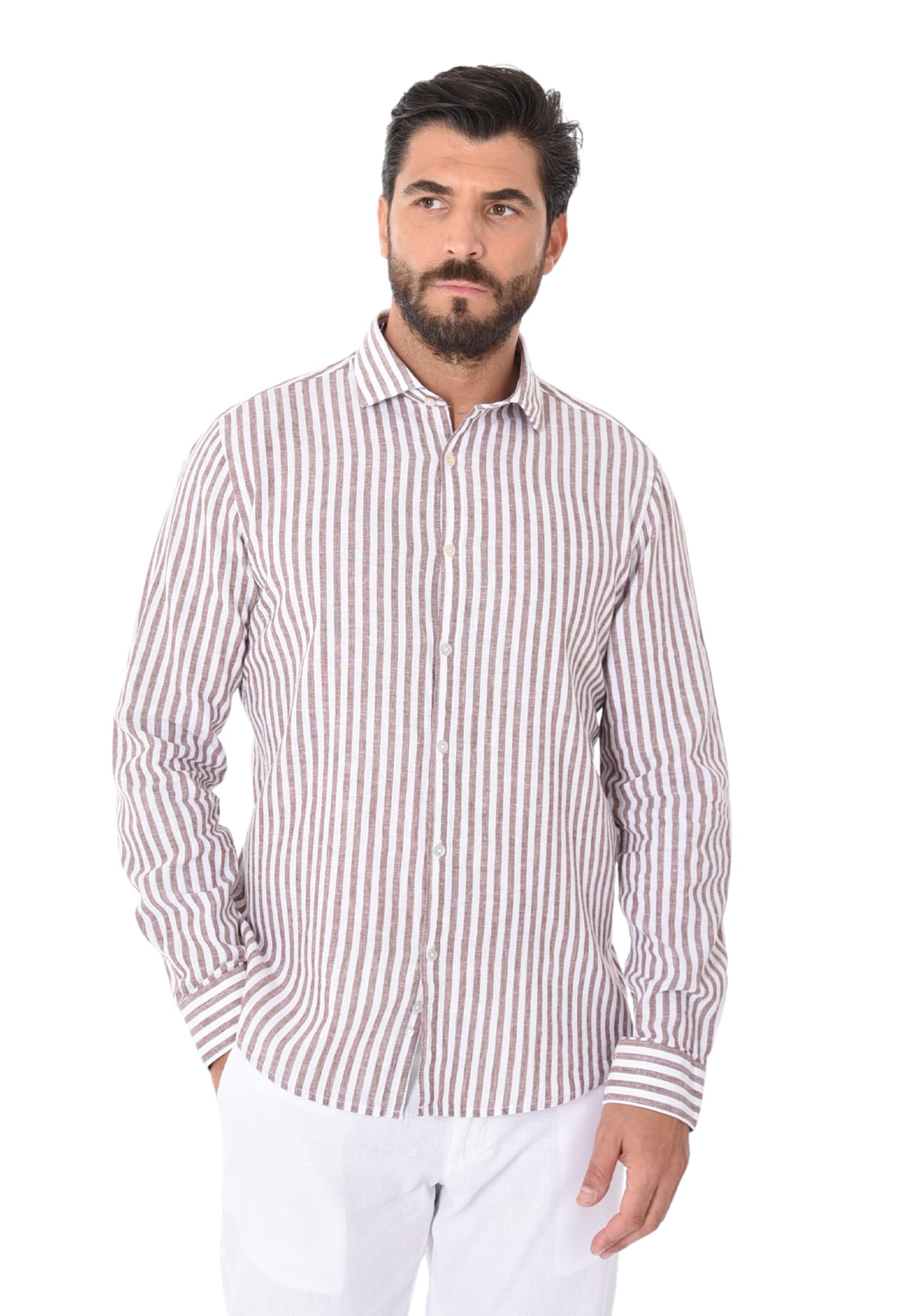 Camicia Lino Uomo a Righe Collo Francese Camicia Elegante Estiva Slim Fit