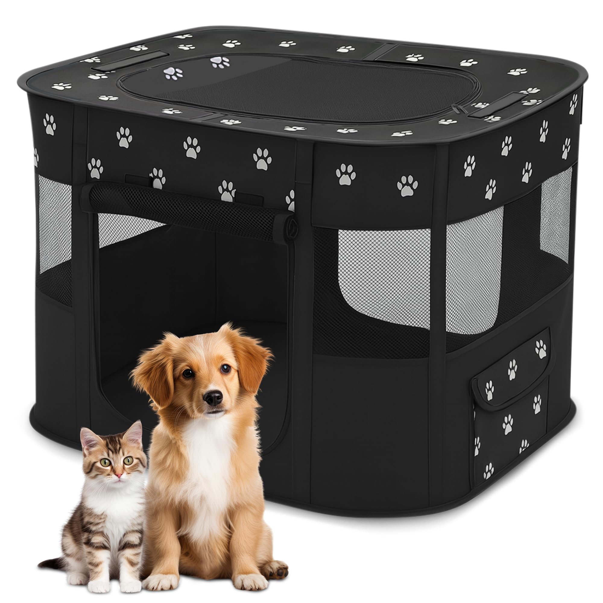 ALLSOPETS Cat Playpen for Dog, Foldable Pet Play Pen for Indoor Outdoor Use, Portable Dog Cat Crate Tent for Puppies Kittens, Pop-Up Pet Cage for Travel Camping (Black Paw, XXL) โ image 1
