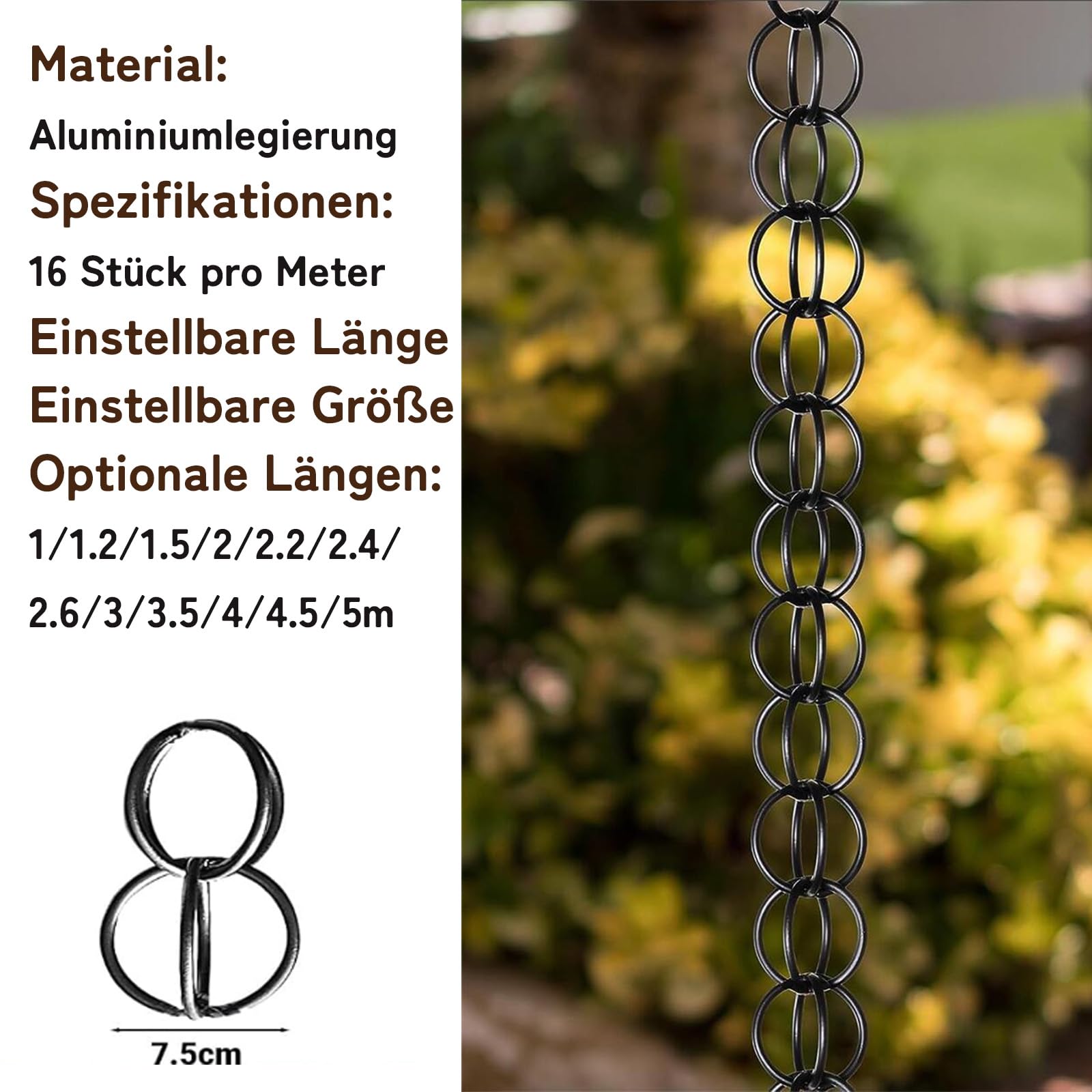 Regenkette, Aluminium-Regenkette, Dekorativer Ringwind Mit Haken, Kann zur Gartendekoration Verwendet Werden, Korrosions- und Rostschutz, für Zuhause, Balkon, Terrasse, Schwarz 2.8m(9.18ft)
