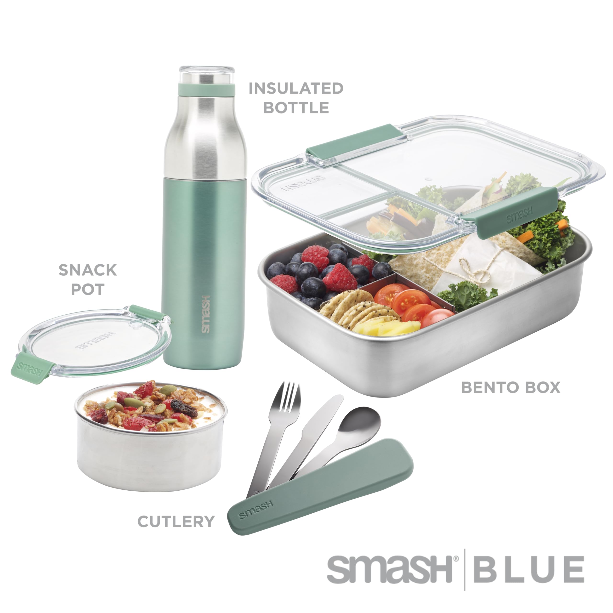 Smash Eco-friendly Bento 7-Piece Lunch Kit - Blush color - Box with 3 compartments, Snack Box, 16.9 fl oz Bottle, 3 piece travel cutlery set. (Green)