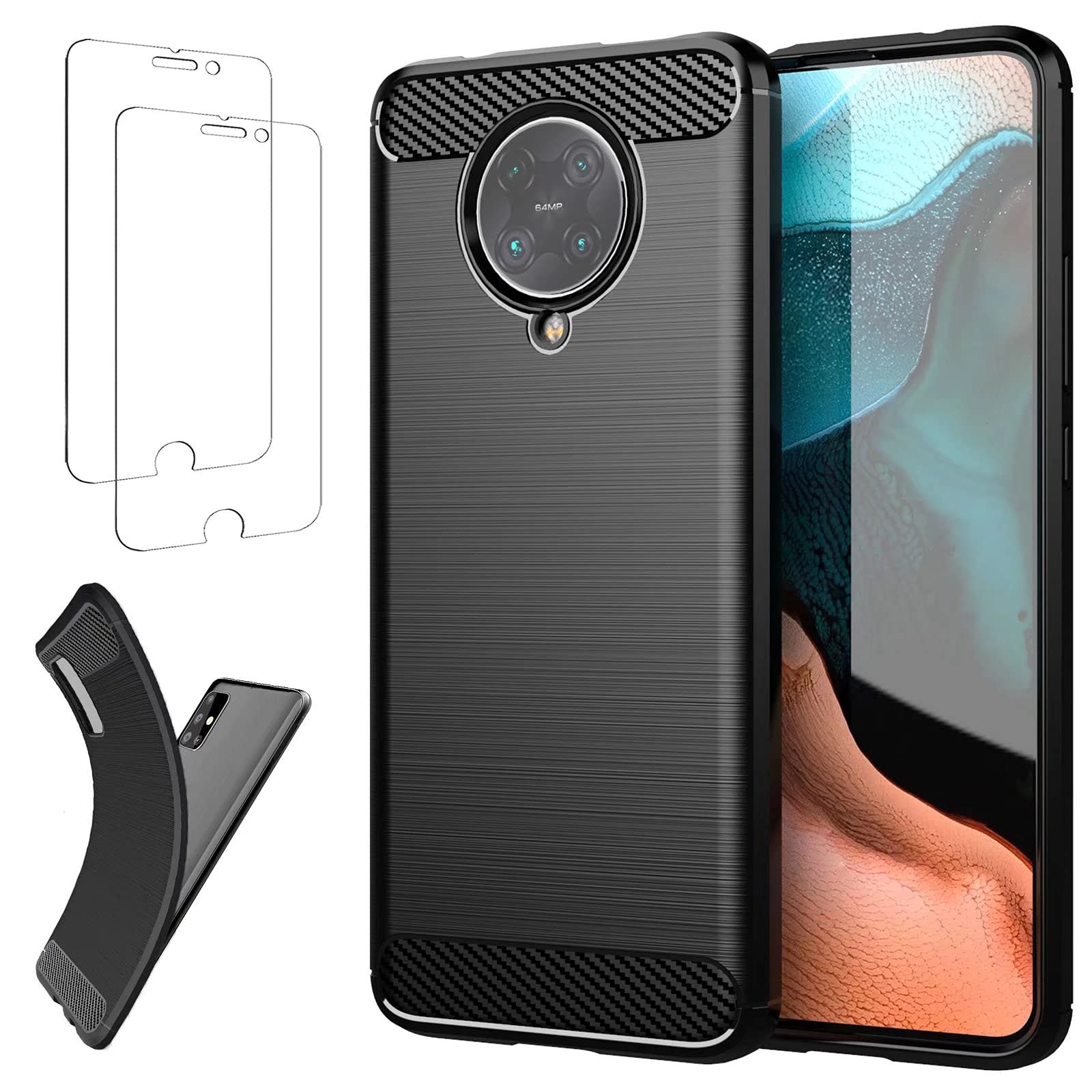 TtianfaCase Cover for MOTO One case【2x】Tempered screen Protector,Carbon Fiber Brushed 360° Full Body Protectiv Shockproof Durable Ultra Thin Anti-Scratch Bumper Soft TPU Case,black