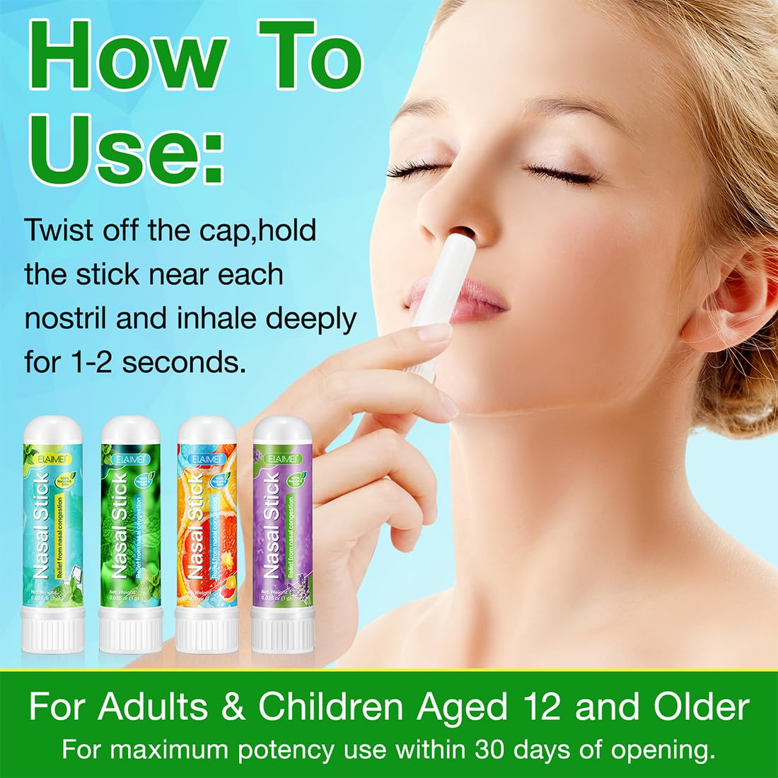 NHQZ 4 Pack Nasal Stick, Inalatore Nasale, Rapido Sollievo dal Naso Chiuso, Migliora la Respirazione e Aumenta la Concentrazione, Realizzato con Oli Essenziali e Mentolo