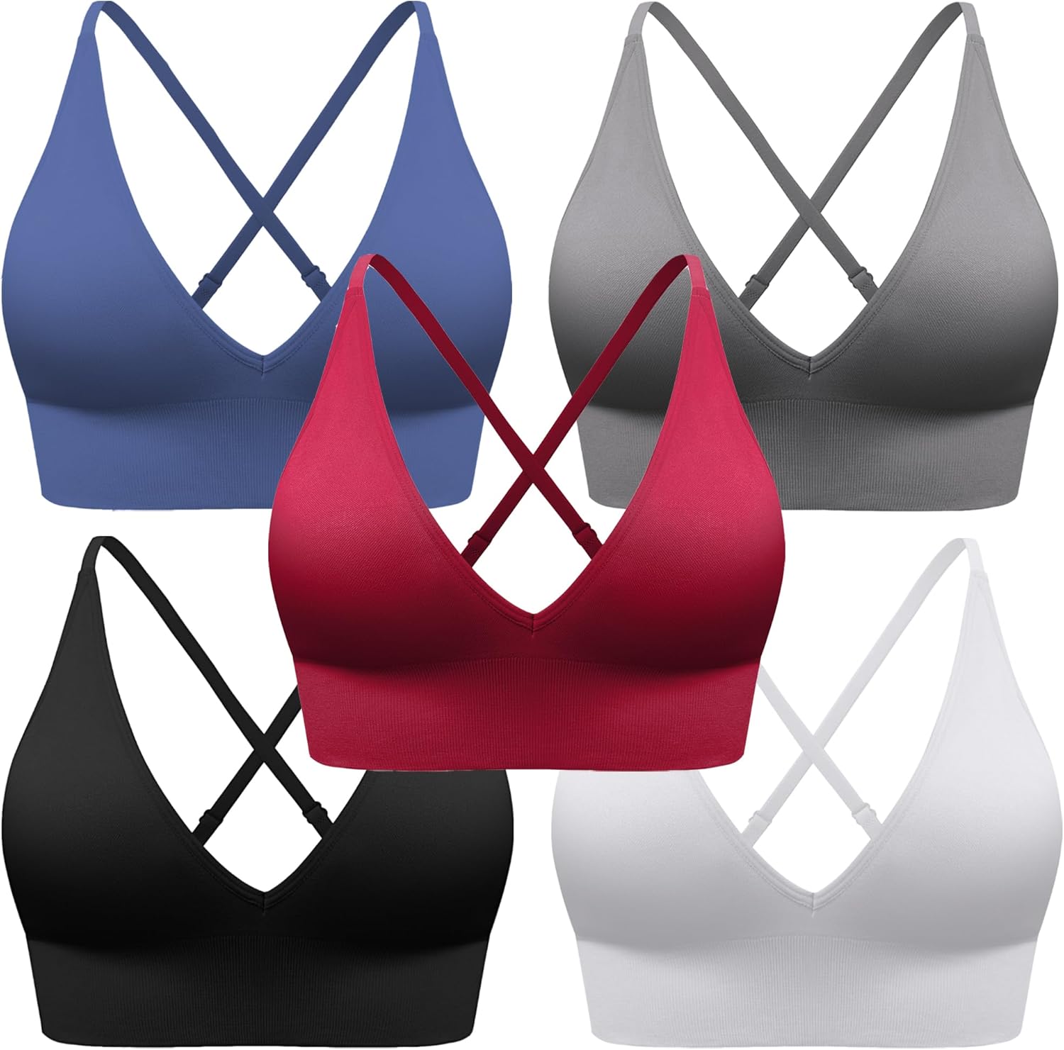 BLUELILY Adjustable Deep V Neck Bras 3/5 Pack Sports Bras for Women Padded Seamless Spaghetti Strap Criss Cross Yoga Bras