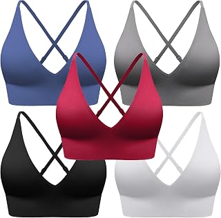 Women's Deep V Neck Sports Bras, Adjustable Straps Criss Cross Strappy Back | Removable Pads, Convertible Straps, Padded, 3/5Pack, Wireless, Seamless, Bralettes, Spaghetti Strap, for Daily Yoga Pilates