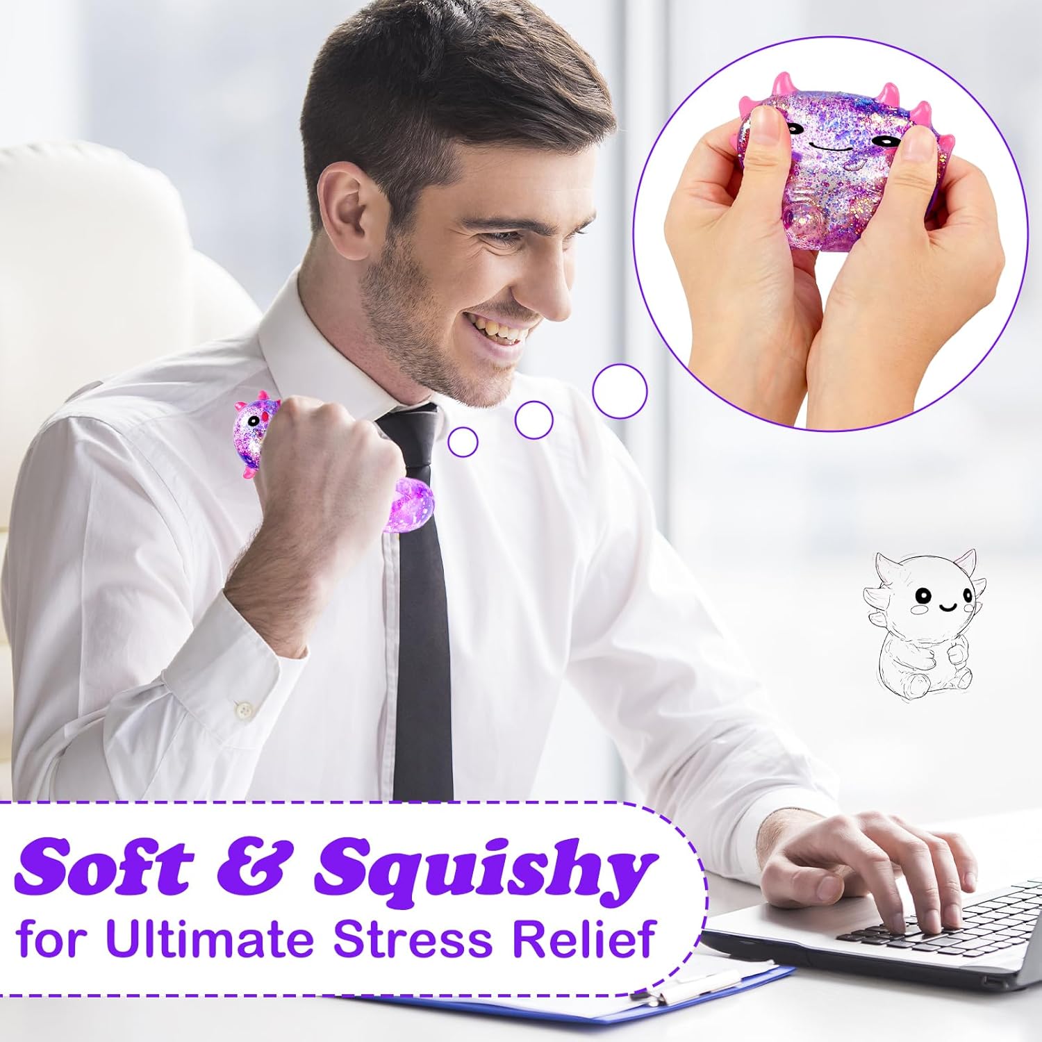 Squishy Axolotl Stress Balls for Adults and Kids, Cute Malt Sugar Filled Sensory Fidget Toy, Animal Stress Relief Axolotl Toys, Stretchy Squeeze Toys for Birthday Party Gift and Christmas (Purple)