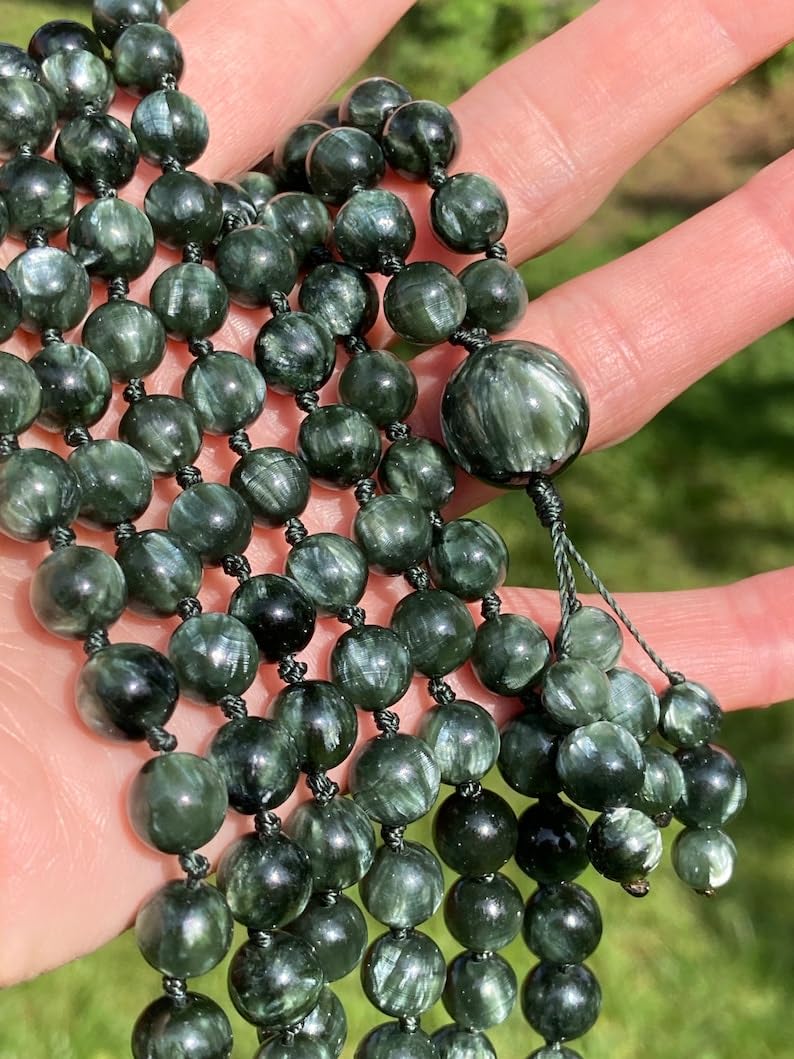 Cuentas de mala de piedra serafinita, collar de mala, 108 mala, nudo mala, collar WWG, joyería de yoga, cuentas de meditación, joyería espiritual, joyería bohemia