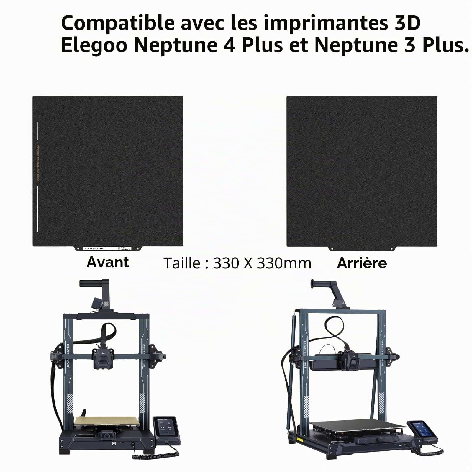 Neptune 4 Plus - Plaque de construction PEI double face - Imprimante 3D - Plateforme PEI texturée noire - Pour Elegoo Neptune 3 Plus, Kobra 2 Plus - 330 x 330 mm