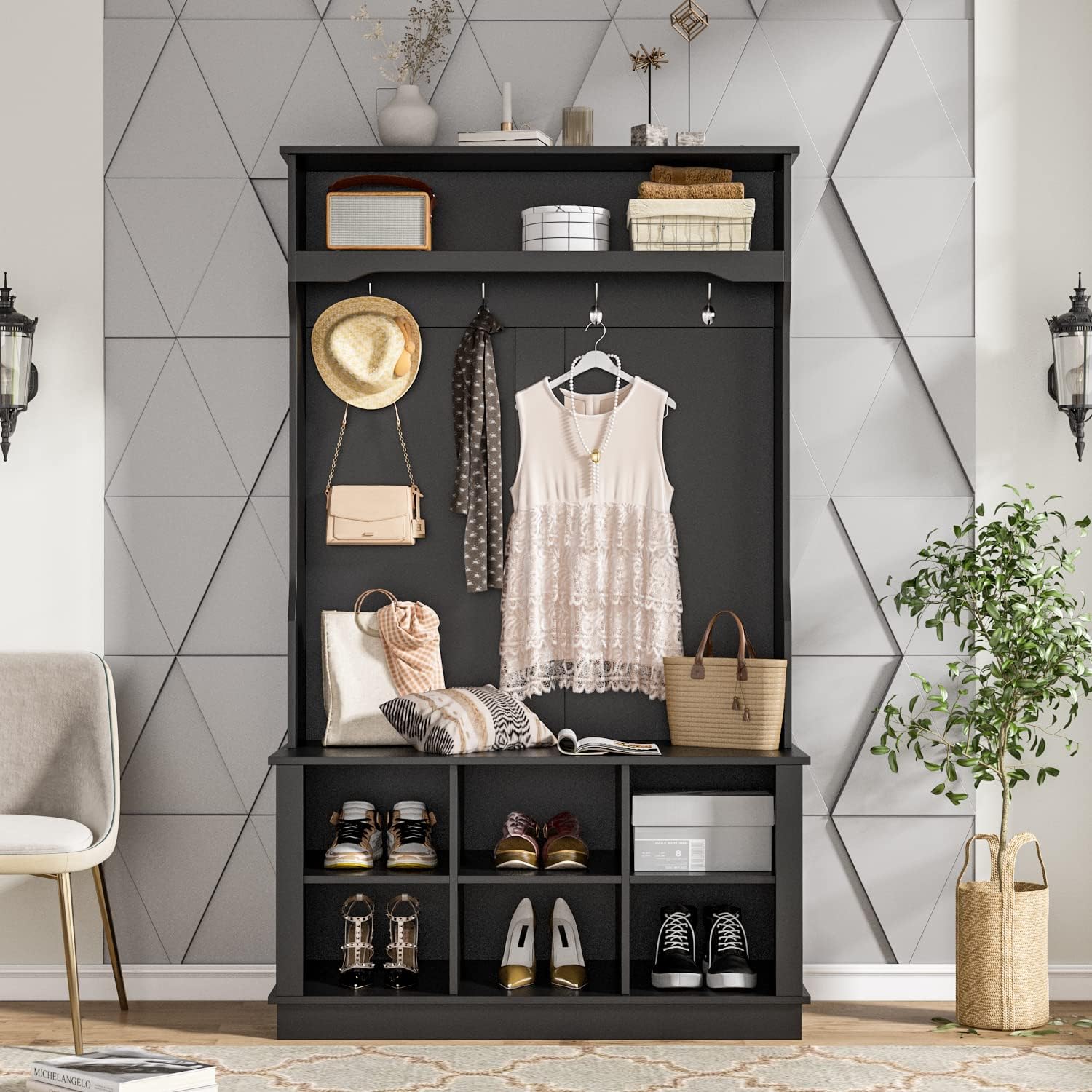 AIEGLE Hall Tree with Bench and Shoe Storage, 3-in-1 Entryway Hall Tree with Coat Rack, 6 Shoe Storage Cube and 4 Hanging Hooks, Black (39.8" L x 17.3" W x 67.1" H)