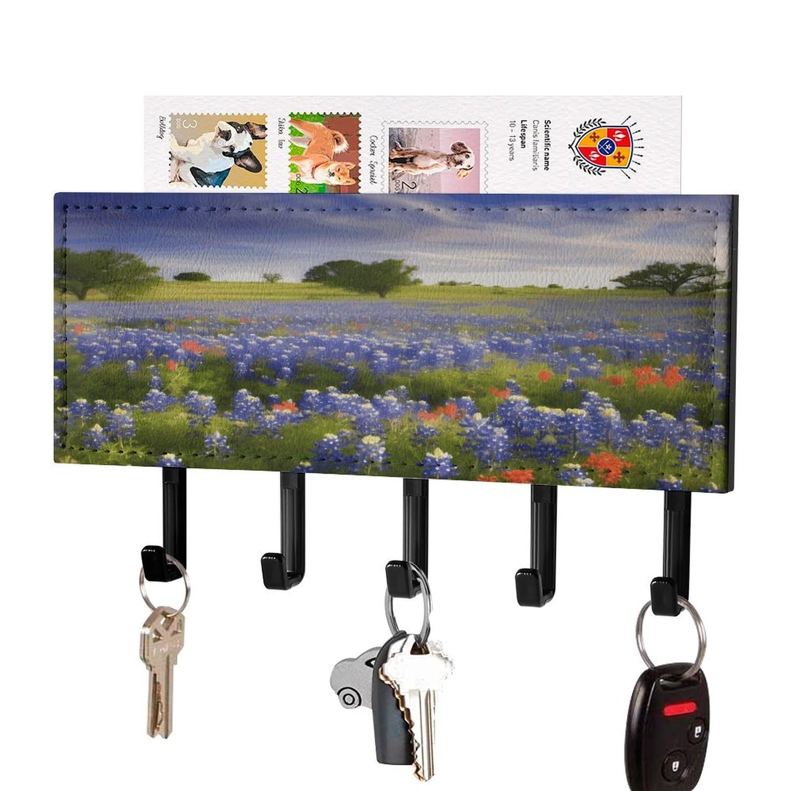 Vstadank Black-Style Texas Bluebonnets Scenery Key Holder For Wall Key Holder Wall Mount Adhesive With Mail Organizer Tray Adhesive Metal Key Rack With 5 Hooks Hanger Pu Leather Key Hanger For Entryway