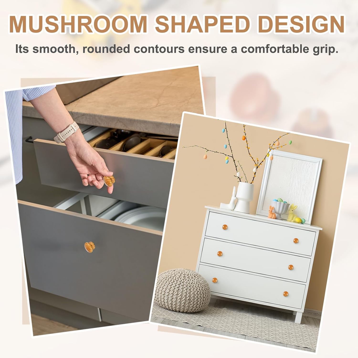 uxcell 8 Pcs Wood Cabinet Knobs, Round Self-Tapping Solid Wooden Drawer Knobs Mushroom Pulls Handles for Furniture Closet Dresser Wardrobes, Beige (1-9/16" Diameter, 1-1/16" Height)
