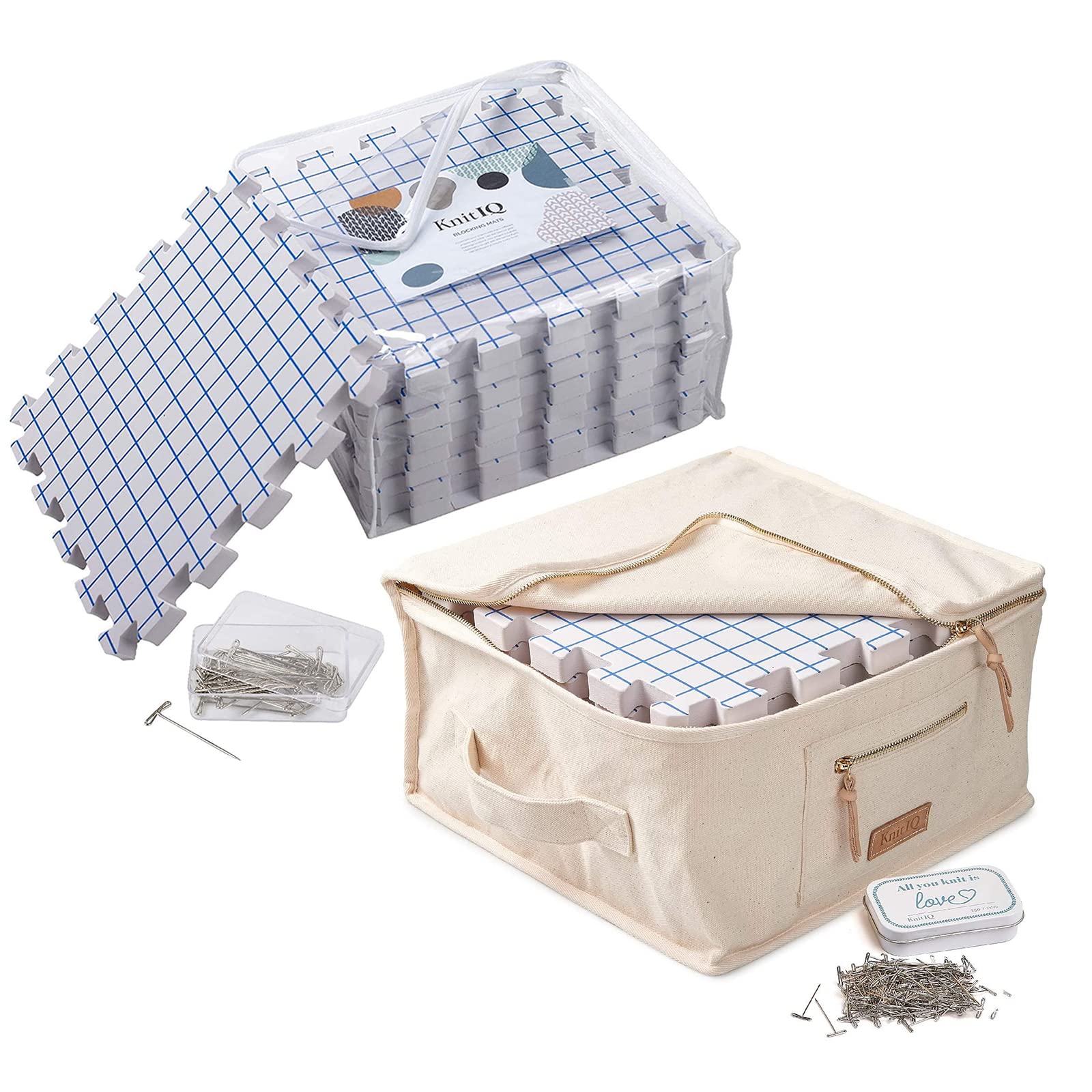 Bright Creations 9 Thick Blocking Board Mats For Knitting Crochet Projects With 200 T-Pins & Storage Bag, 210 Pieces Set