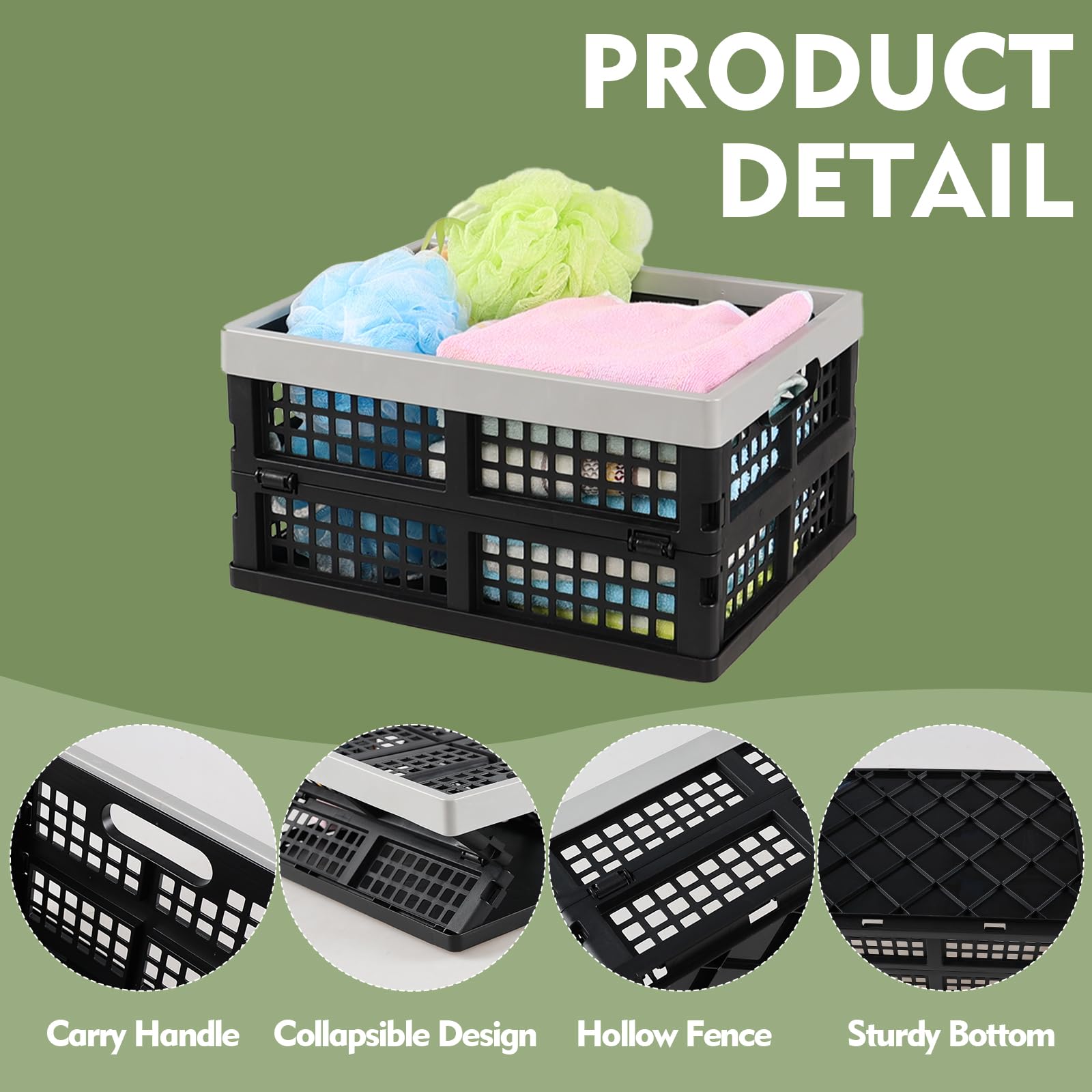 Jekiyo 16 L Folding Organzing Crate Basket, 3 Pack Small Plastic Collapsible Storage Crates, Black+grey - Image 3