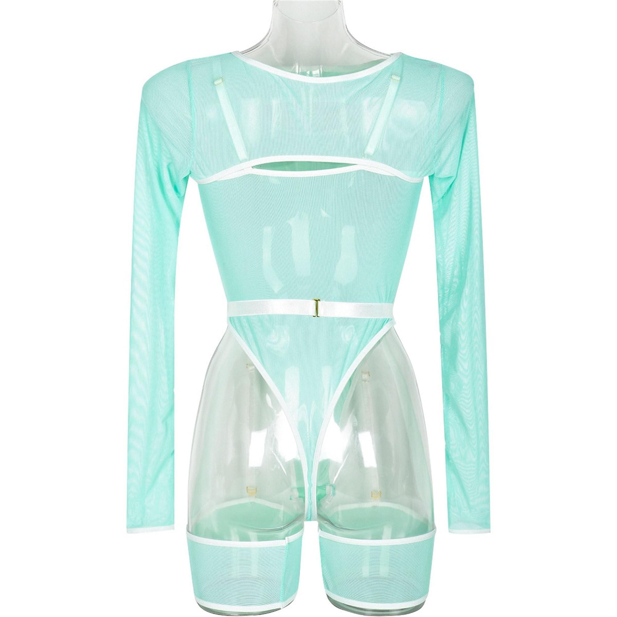 Conjunto de Lencería Transparente con Tirantes para Mujeres Body de Manga Larga de Tela Transparente Elástica Liga Hueca de Encaje con Armadura