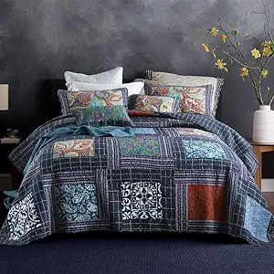 Secgo Twin Size Quilt Size - 100% Cotton Comforter Set Bedding Sets (68 * 86 Inch) with 2 Pillow Shams, Patchwork Reversible Lightweight Bedspread