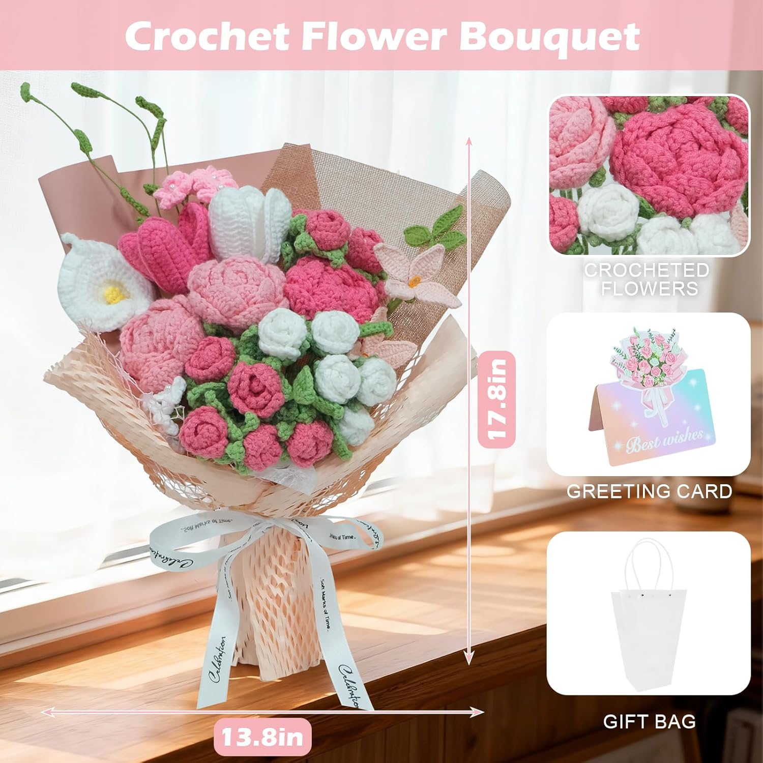 Crochet Flowers Bouquet,Handmade Luxurious Knitted Rose Tulips,Artificial Flower Bouquet, Anniversary,Lover,Graduation,Weddings,Birthday, Valentines Day (with Gift Bag&Card)