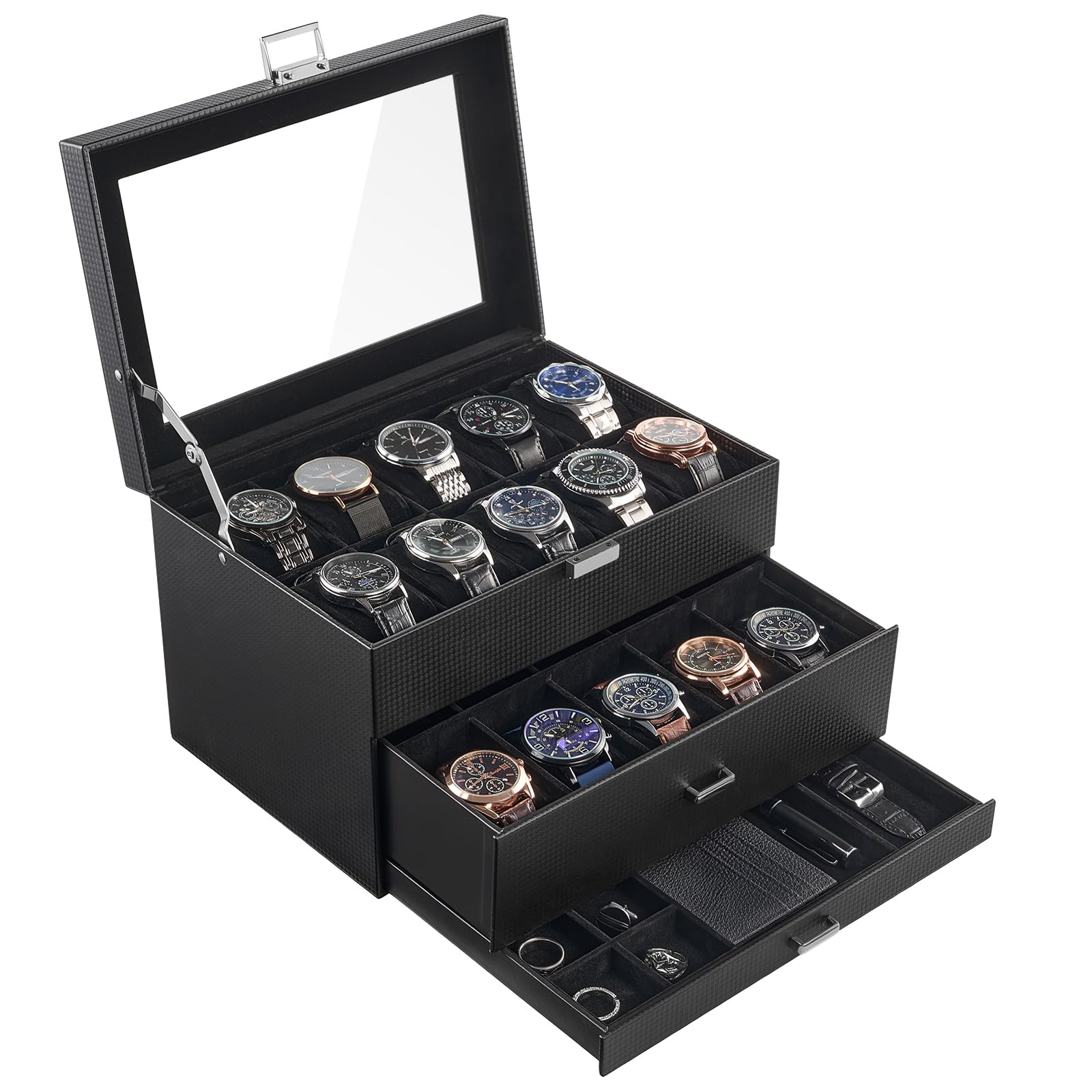 NFBCXUTKW 20 Slot Watch Box for Men, 3-Layer Watch Display Case with Glass Lid, Watch Holder with Drawer, Jewelry Storage Organizer for Watches Straps Rings -AllBlack